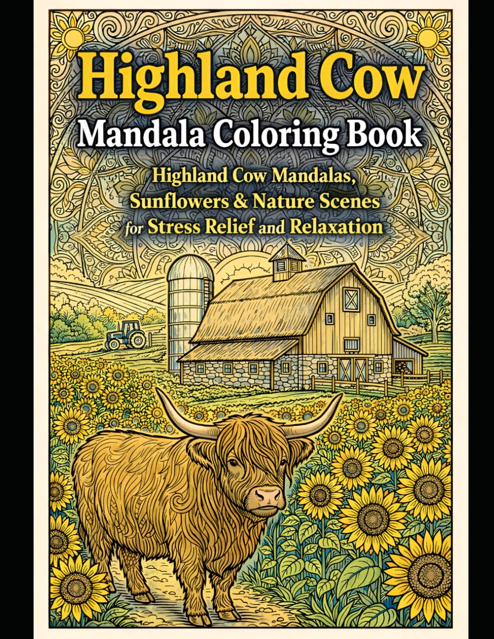 Highland Cow Mandala Coloring Book: Stress Relieving Farm Animals, Sunflowers, & Nature Scenes for Relaxation and Mindfulness