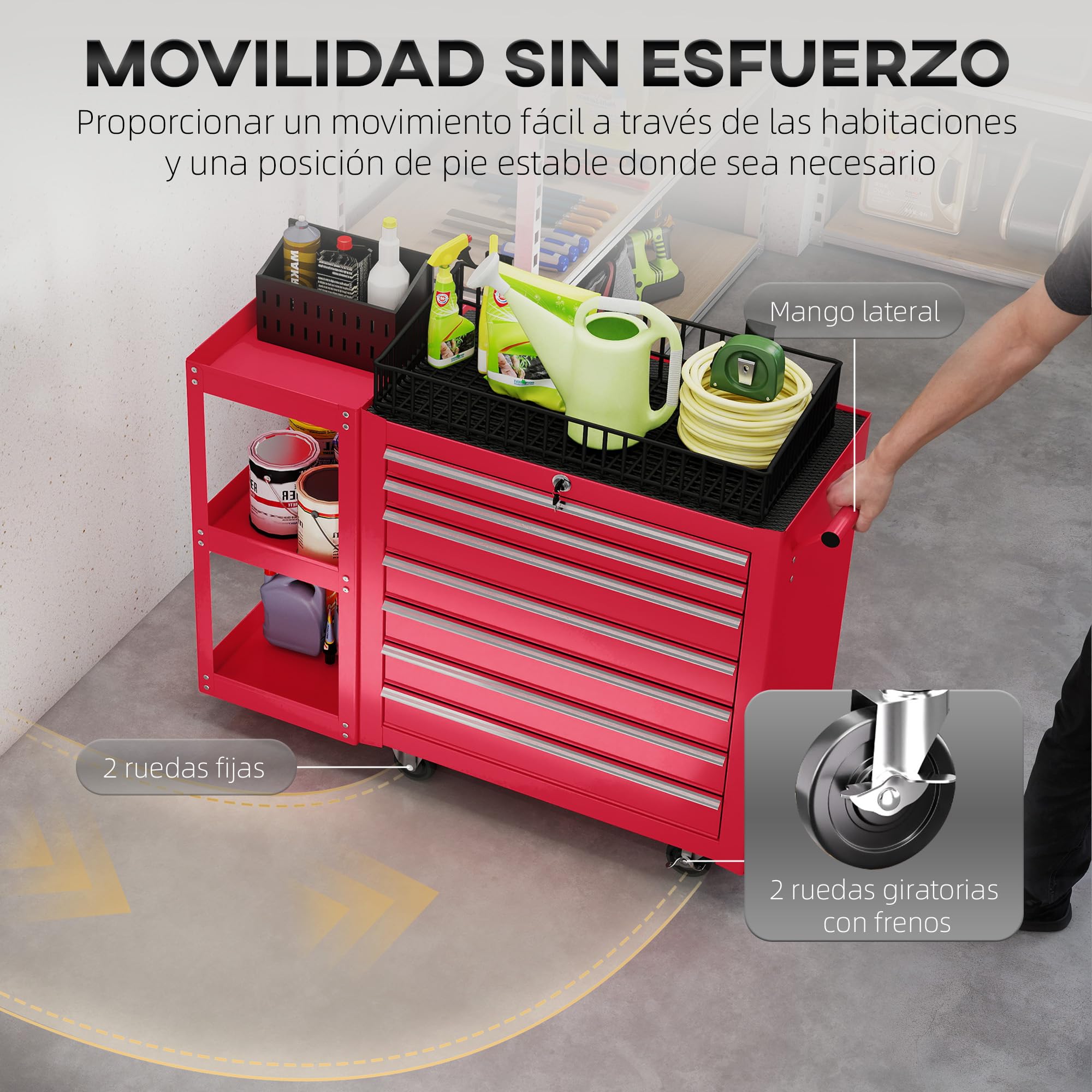 HOMCOM Carro de Herramientas con 7 Cajones, Carro de Taller con Estantería de 3 Niveles Desmontable, Sistema de Cierre Central, Asa, 2 Ruedas con Freno de Bloqueo, Rojo