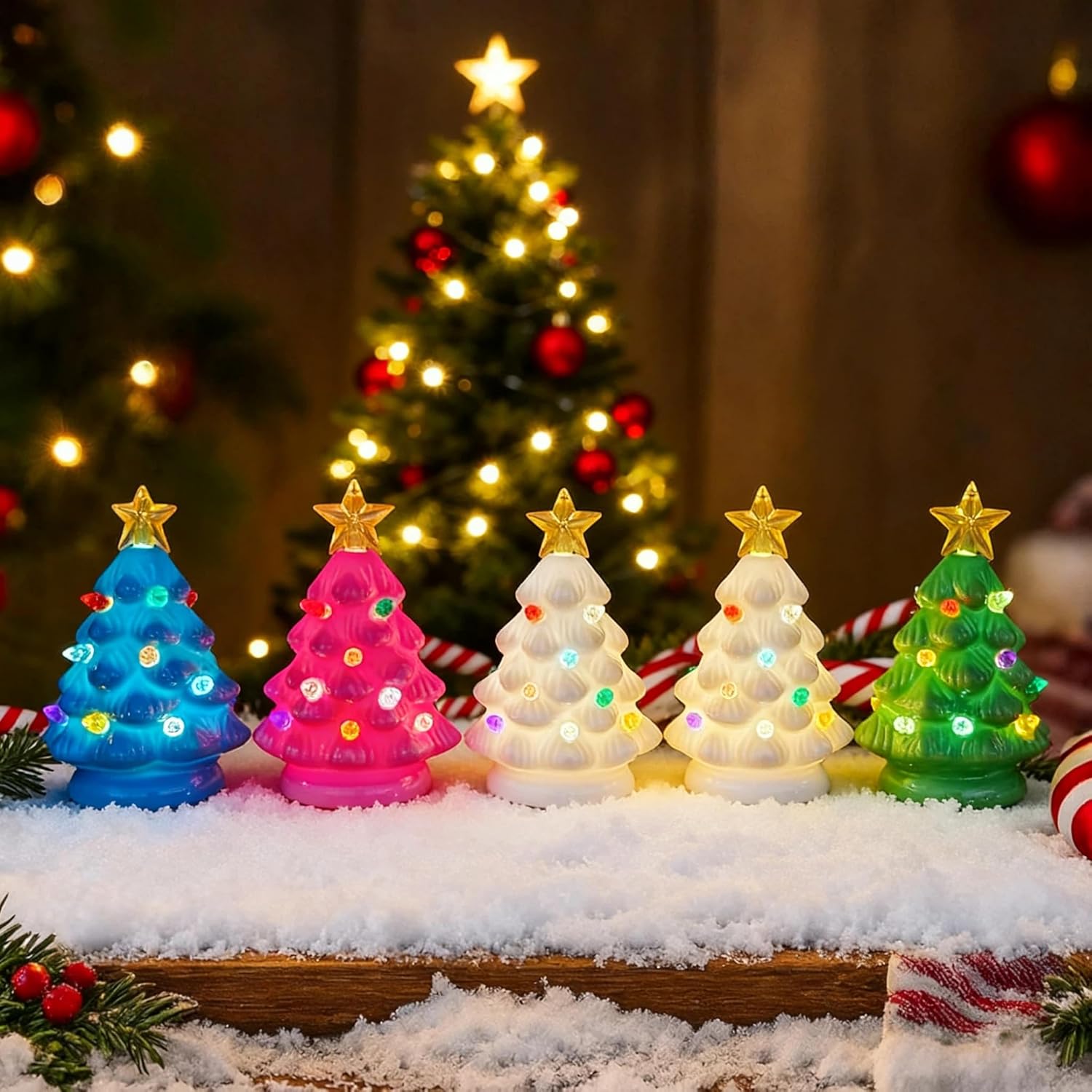 5 Inch Mini Christmas Tree Set - 4 Pack Pre-lit Tabletop Christmas Tree with Multicolored LED Lights, Battery Operated Small Lighted Christmas Trees for Table Home Office Mantel Holiday Decorations