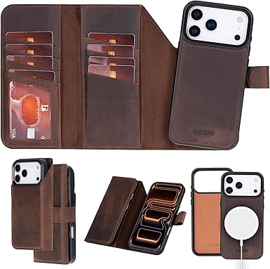 Bayelon Wallet Case for iPhone 17 Pro, Trifold Leather Wallet, Detachable Magnetic Flip Folio Cover, Card Holder for Men and Women, MagSafe Compatible, RFID - Dark Brown