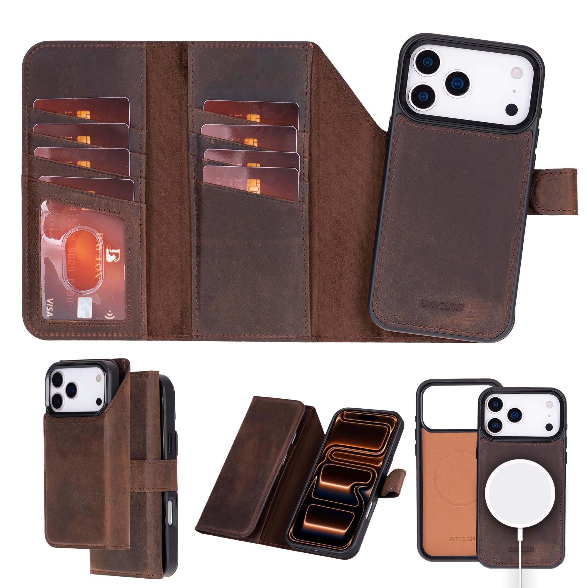 Bayelon Wallet Case for iPhone 17 Pro, Trifold Leather Wallet, Detachable Magnetic Flip Folio Cover, Card Holder for Men and Women, MagSafe Compatible