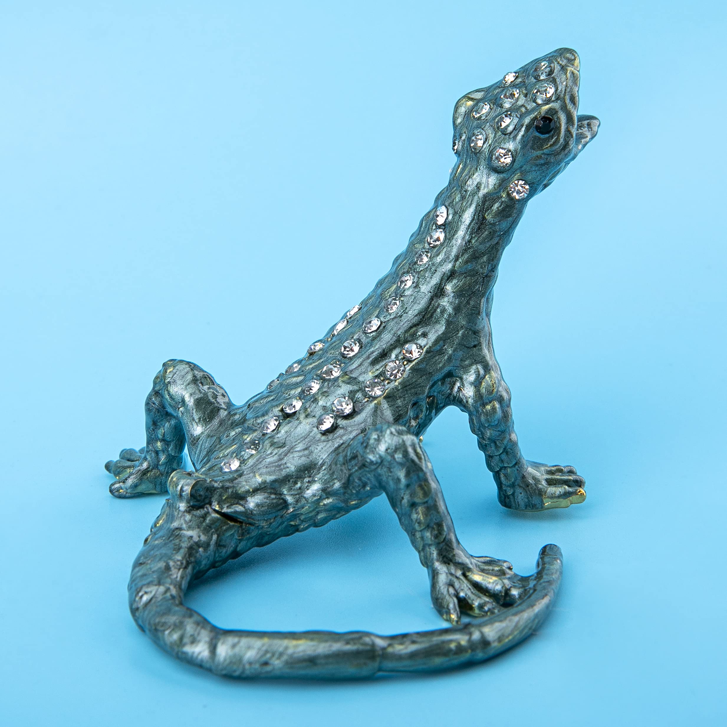 YU FENG Crystal Bejeweled Lizard Ring Holder Collectible Animal Figurine with Hand-Painted Pattern(Dark Green)