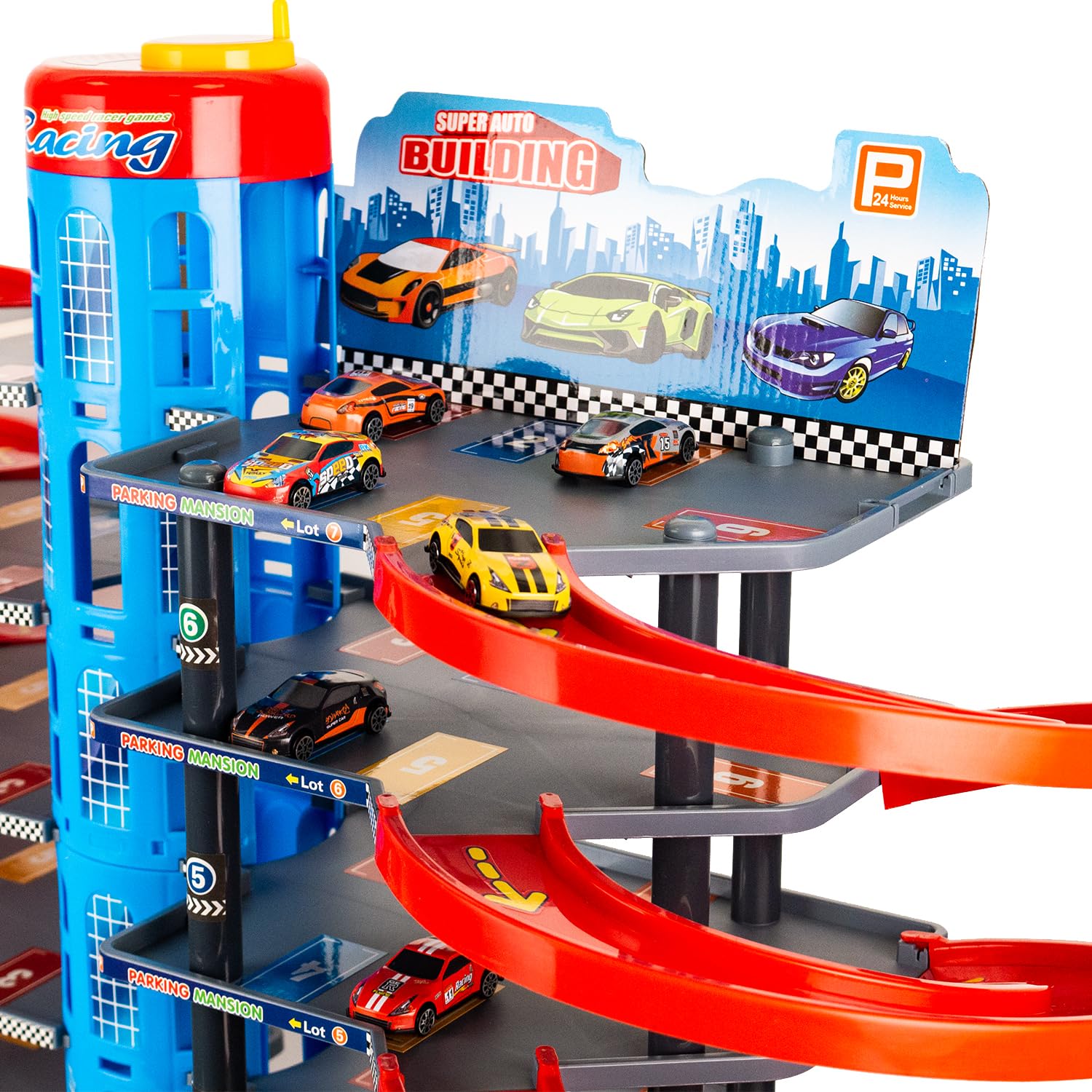 CELMAN Parcheggio a 6 piani con inseguimento, spazio per veicoli in scala 1:64, garage per bambini dai 3 4 5 6 7 8 anni in su, con auto giocattolo in metallo, ascensore