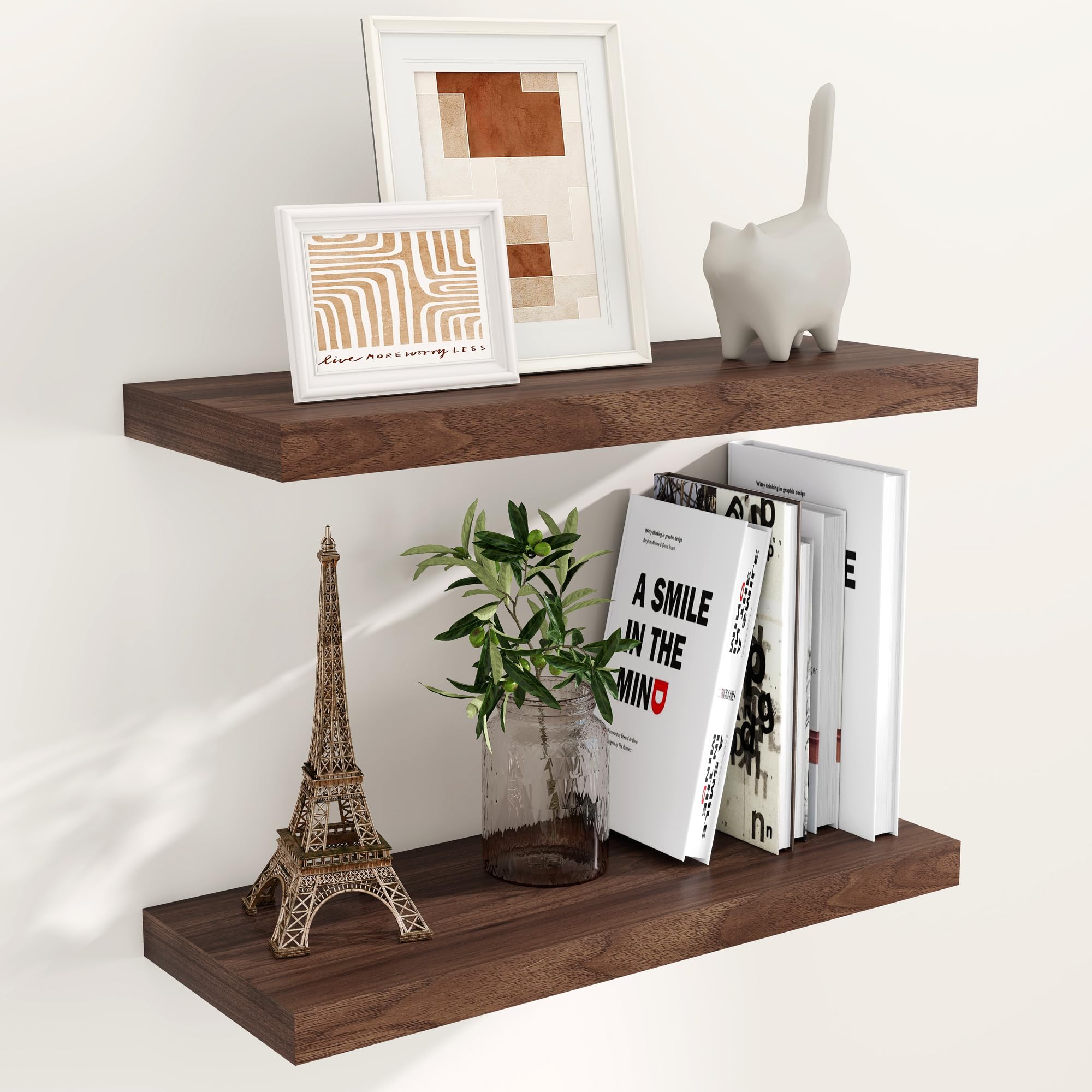 24 Inch Floating Shelves for Wall 2 Pack for Bedroom|Kitchen|Bathroom, Wall Mounted Rustic Wood Shelves, 9.3 Inch deep Floating Shelf with Invisible Brackets for Books|Storage|Decor,Walnut