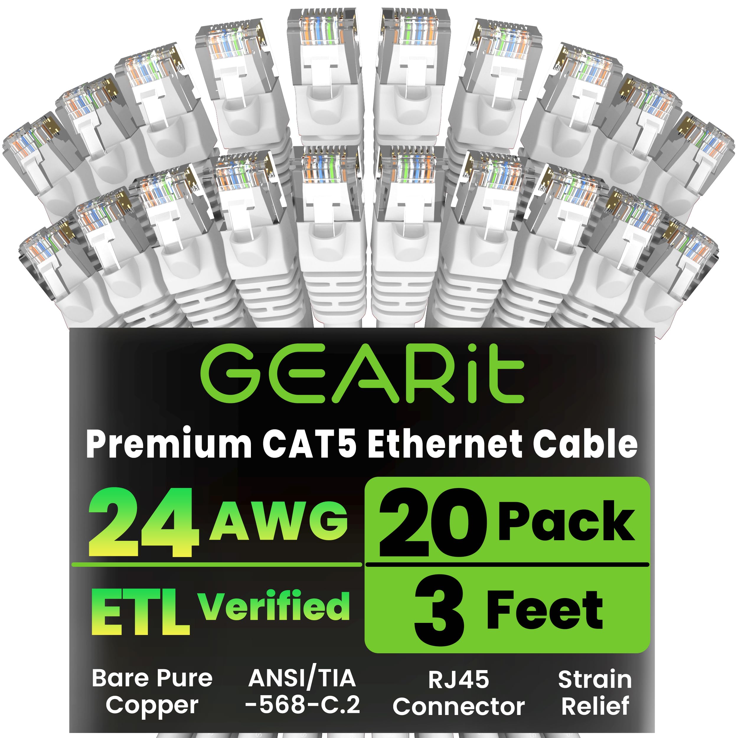 GearIT Câble Ethernet avec Patch Cat5e 1,5 m –Protection Anti-coupures RJ45 câble d’Ordinateur réseau LAN, Blanc 3 Feet (20-Pack) Blanc