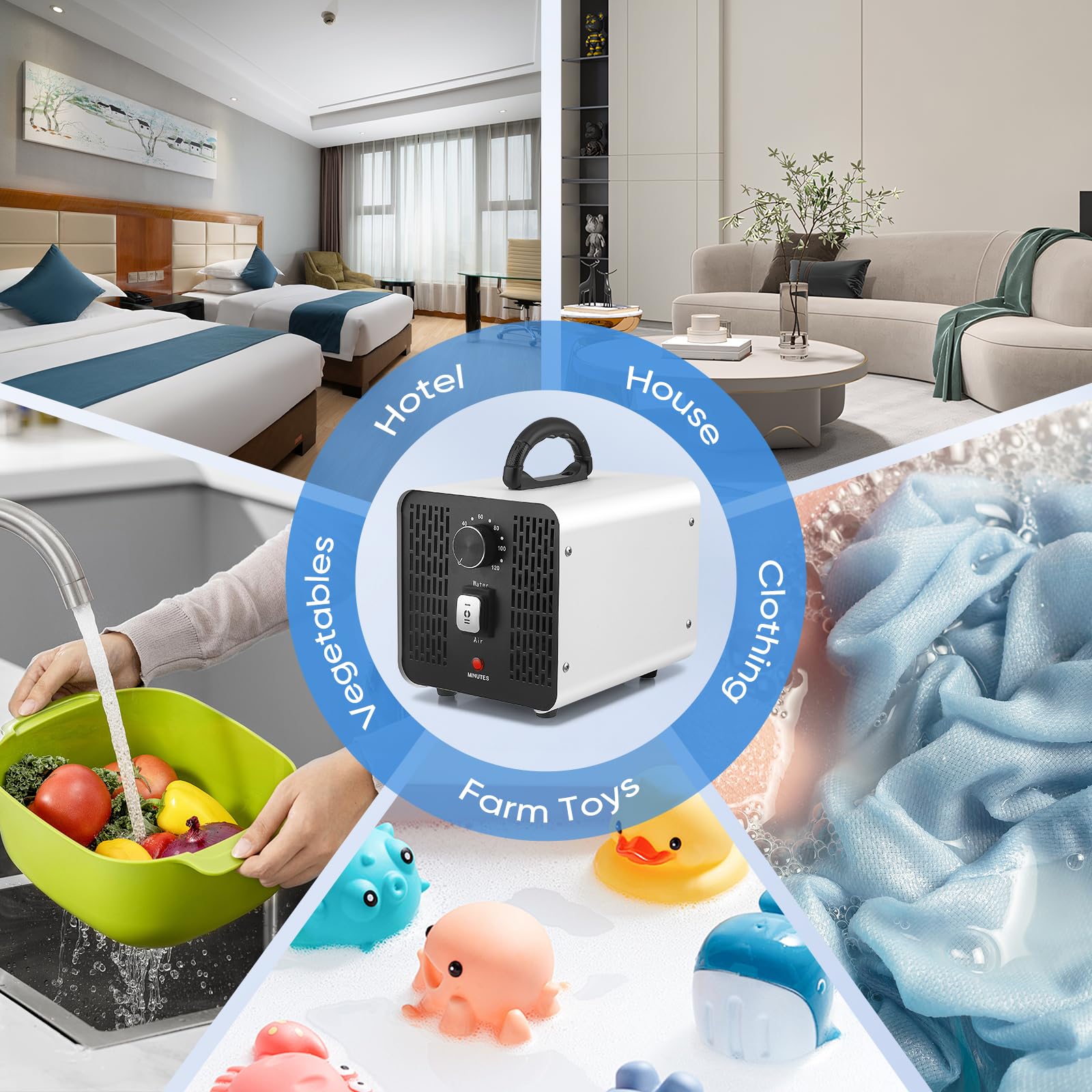 2 In 1 Generatore Di Ozono, 60000Mg/H,con Modalità Acqua e Aria, 400㎡,Timer 120 Min,Ozonizzatore Per Ambienti,Casa,Voiture,Appartamenti,Hotel,Cucina (Bianco)