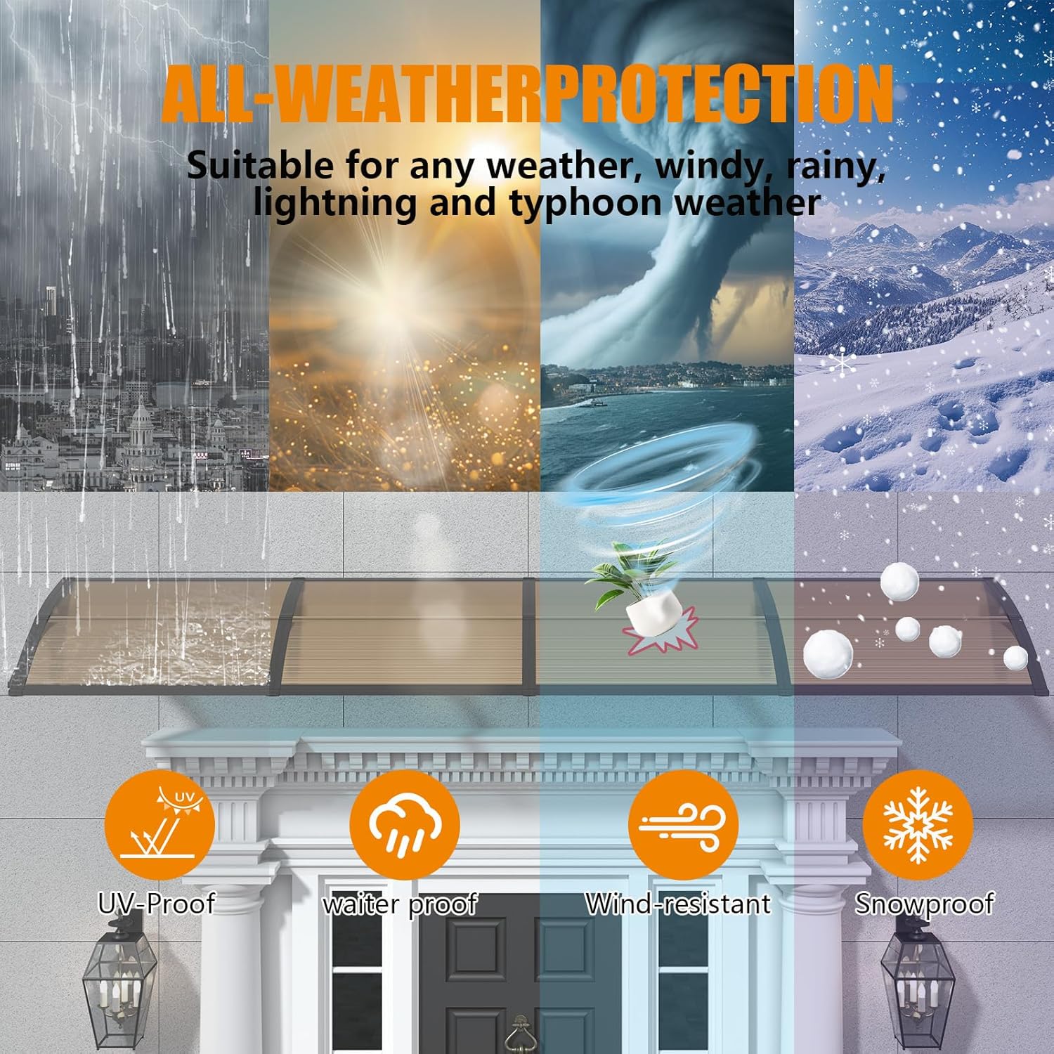 Window Awning Door Canopy 40"x120", Awnings for Doors Polycarbonate Cover Patio Door Awning UV Rain Snow Sunlight Protection Hollow Sheet, Black Bracket & Brown Board