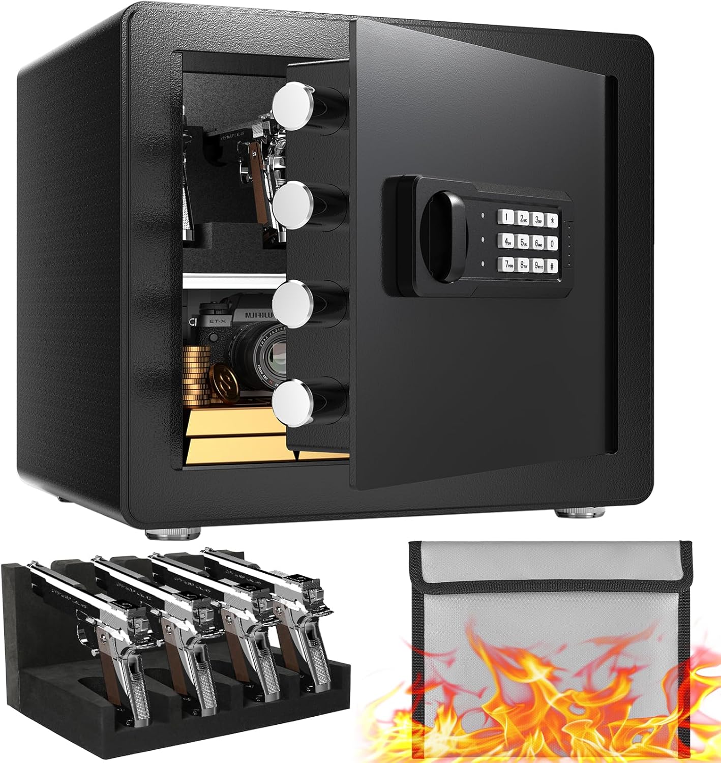 Safe Box, Home Safe with Pistol Rack, Anti-theft 1.6 Cub Personal Safe with Fireproof Waterproof Bag, Digital Security Safe for Money Cash Valuables, Dual Alarm System, Removable Shelf 1.6 Cub Digital