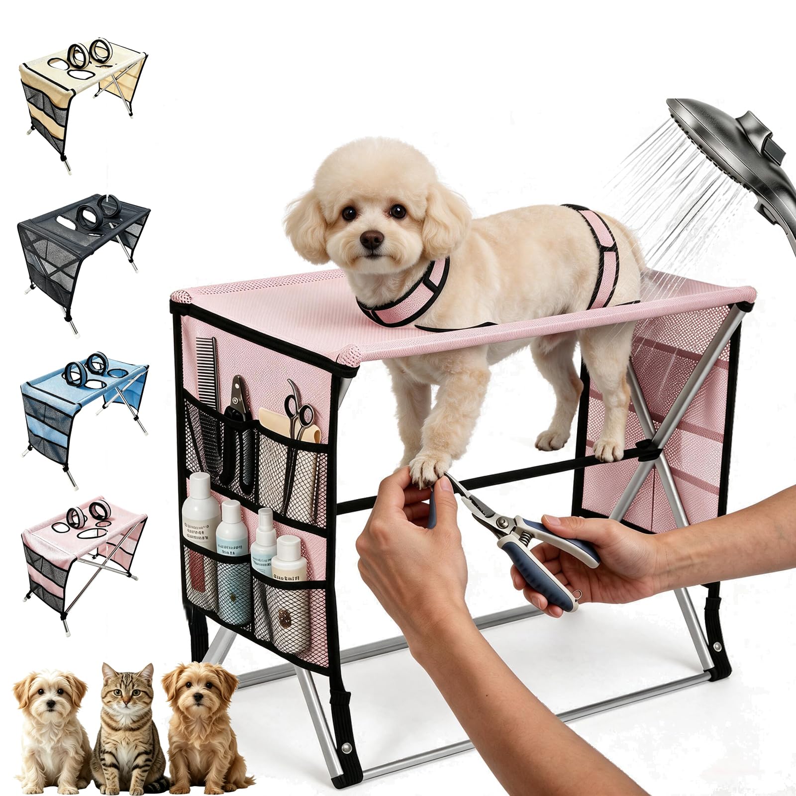 Dog Grooming Hammock with Stand,Foldable Pet Bathing Holder for Small to Medium Dogs & Cats,Quick-Dry Breathable Mesh Shower Sling,Sturdy Grooming Table with Storage Pouch，Pink
