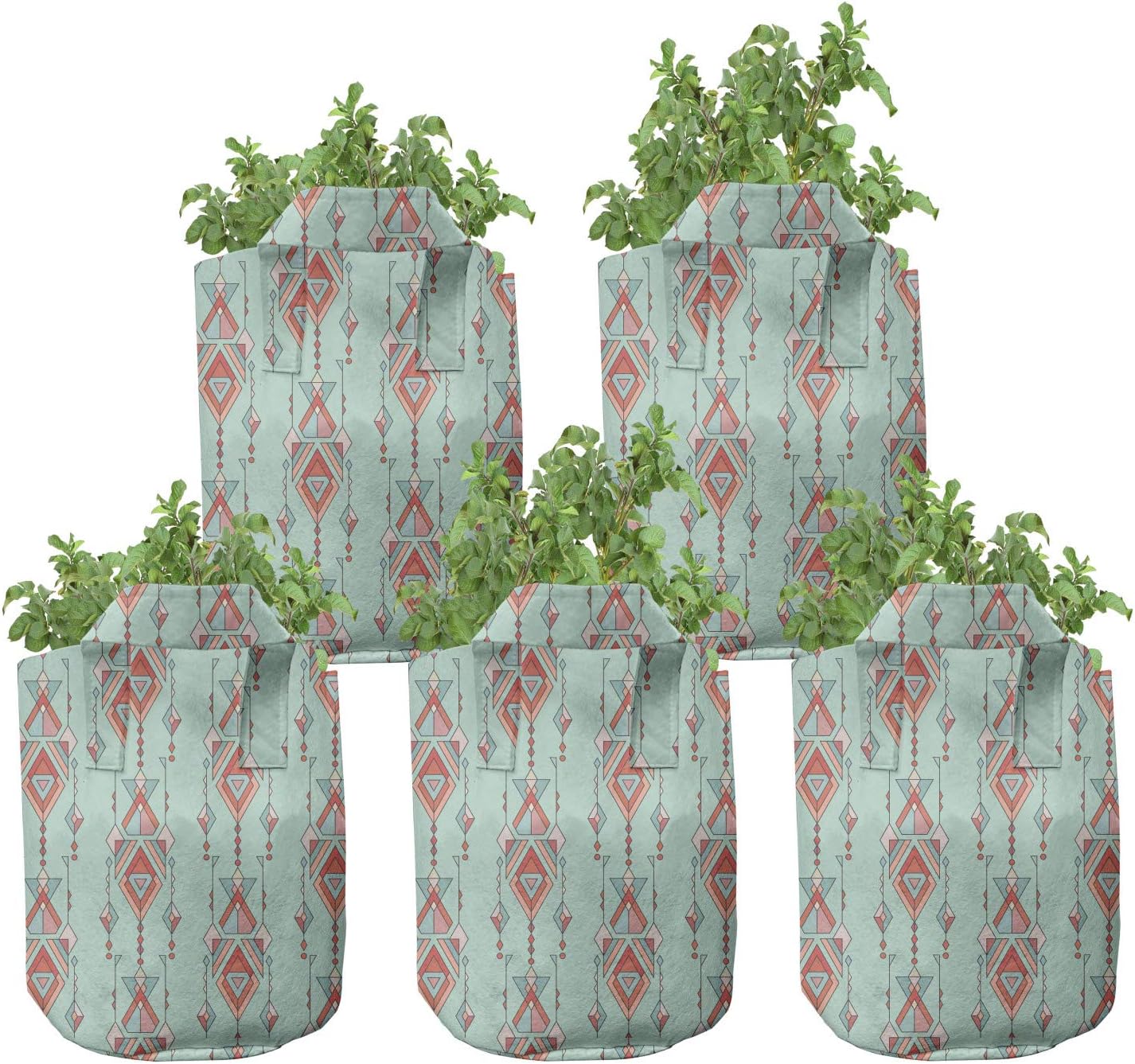 Ambesonne Southwestern Grow Bags 5-Pack, Pastel Traditional, Heavyduty Fabric Pots with Handles for Plants, 7 Gallon, Multicolor