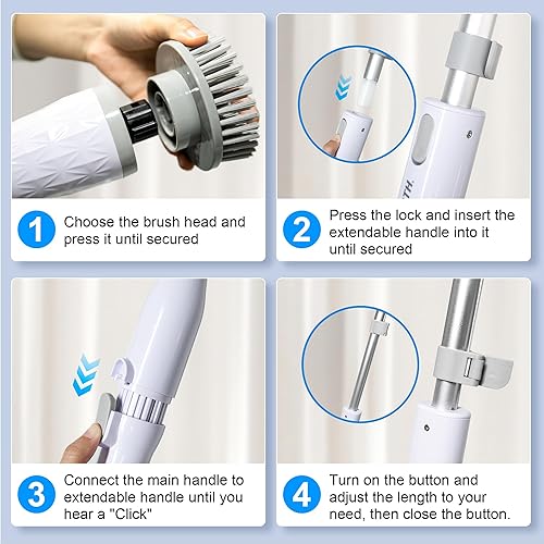 Miniatura 8 de Limpiador eléctrico giratorio, cepillo de limpieza inalámbrico con mango largo y 8 cabezales de cepillo IPX7 impermeable para baño para suelo de