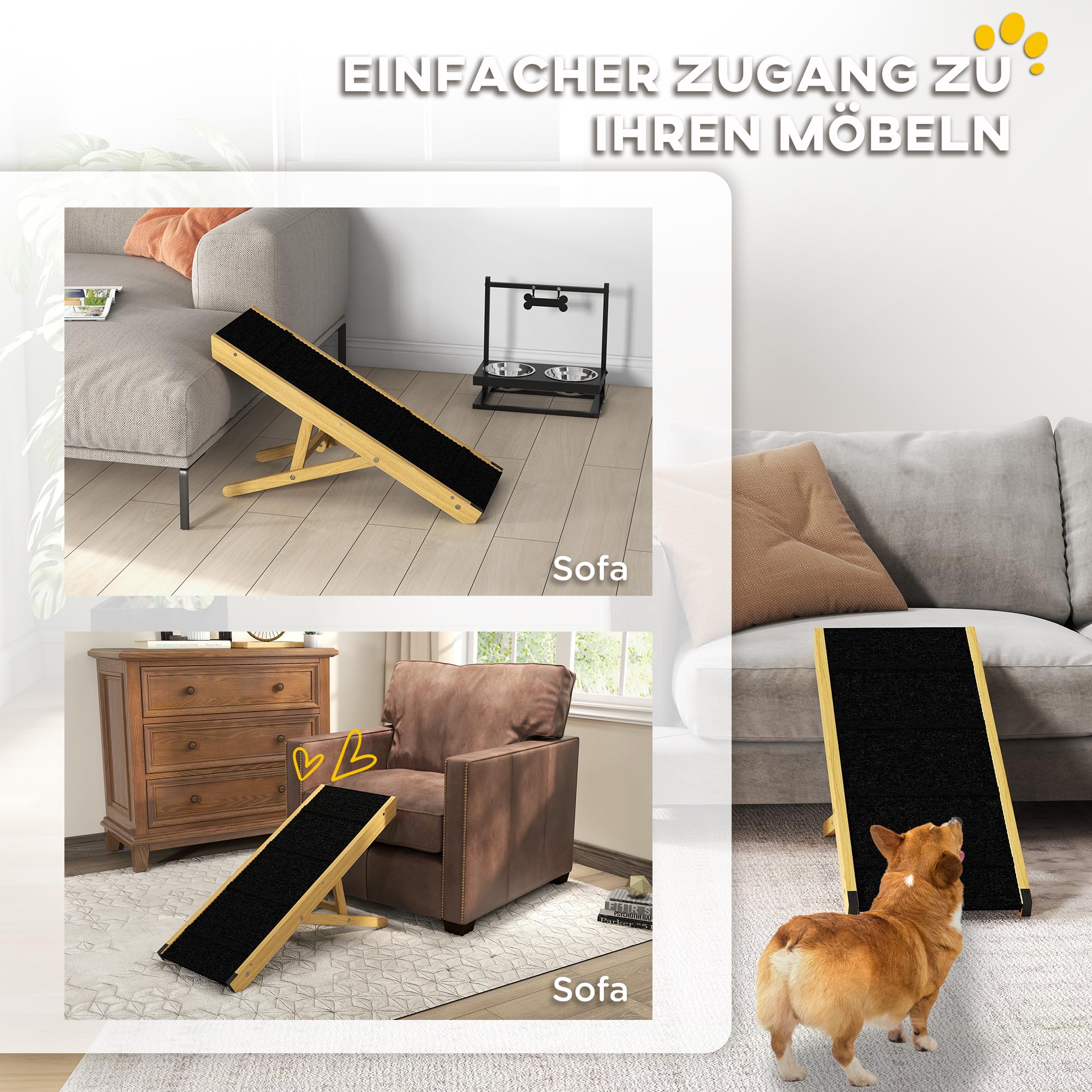 PawHut Rampa pieghevole per cani, rampa regolabile in altezza per animali domestici, ausilio per la pensione del cane antiscivolo per cani di piccola e media taglia fino a 15 kg, 83,5 x 35 x 47,5 cm,