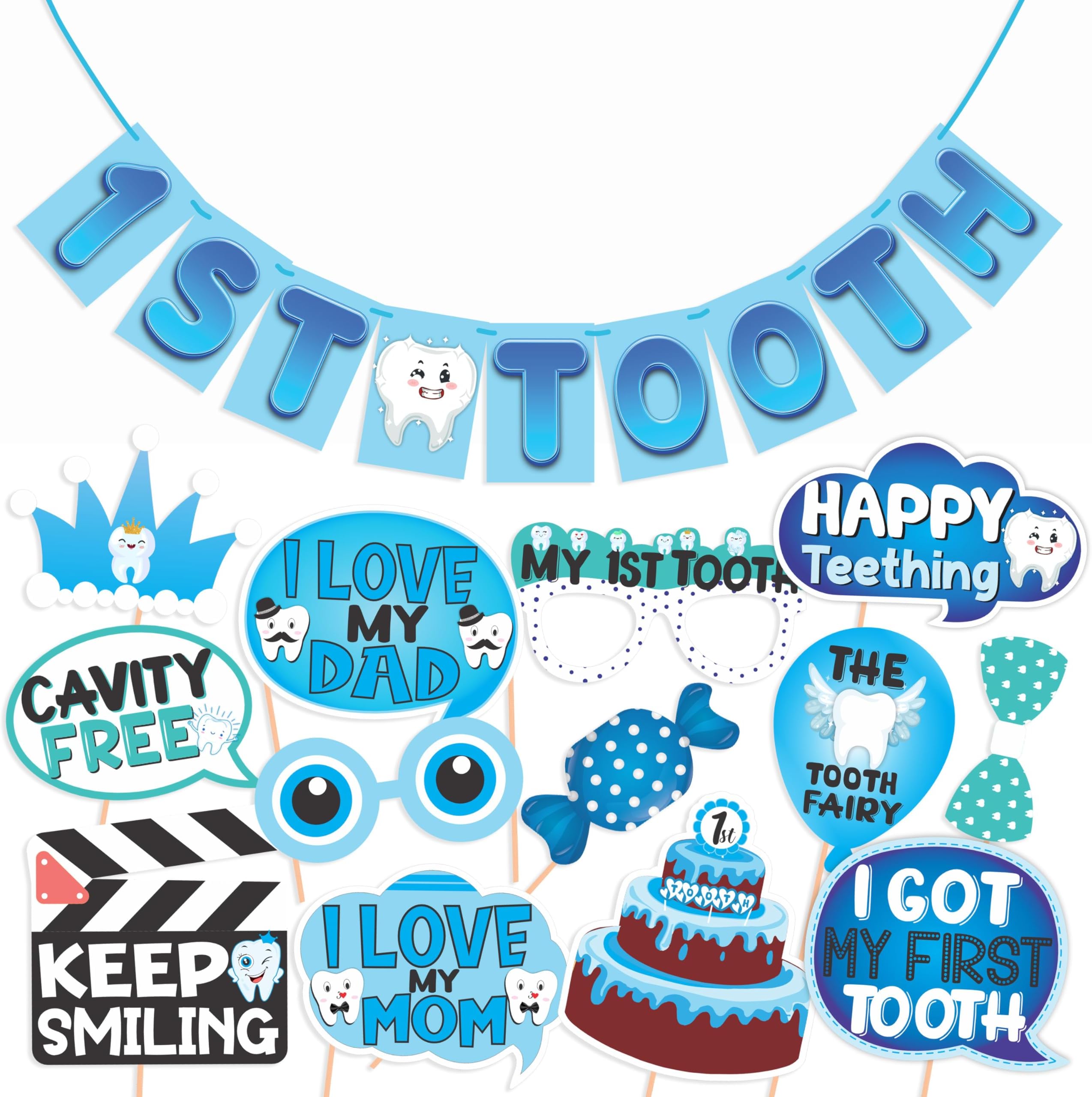 First Tooth Photo Booth Party Props (13 Pcs) with 1st Tooth Bunting Banner, Blue Colour Gredient with Stylish Font, First Tooth Decoration, First Tooth Decoration Items for Baby