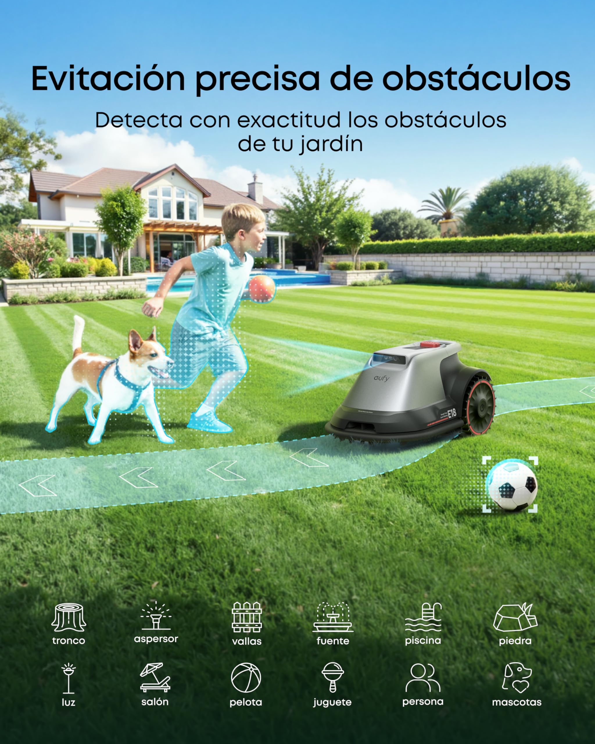 eufy Robot cortacésped E18 sin cable de limitación, Sin fallas de señal, sin RTK, Tecnología TrueVision, Sistema GNSS, Jardín de hasta 1200 m², Corte Preciso Bordes, Evita Obstáculos, Controllo App | Sin fallas de señal, sin RTK, GNSS, jardín hasta 1200 m