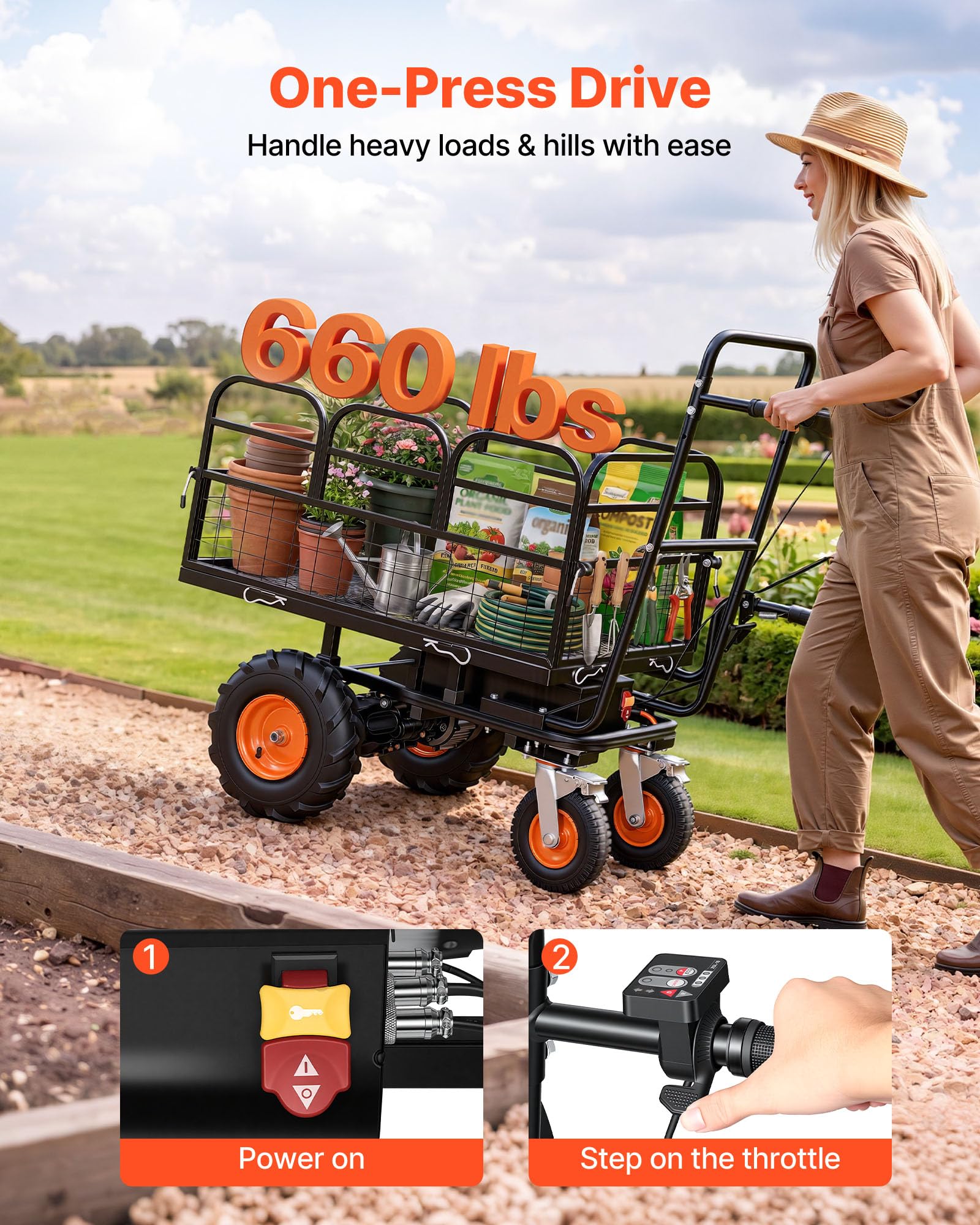 VEVOR Elektro Gartenwagen, 36V 432Wh Akku-Betriebener Elektrowagen, 500W Schubkarre mit 90°-Kippfunktion & Bremse, 300 kg Tragkraft, Robuster Stahl-Gartenwagen für Landwirtschaft & Hof