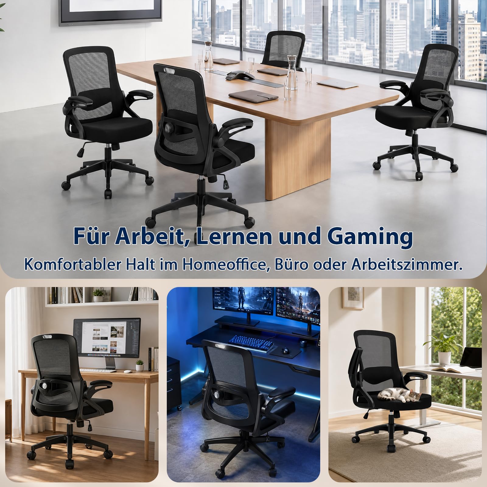 Ergonomischer Bürostuhl, Drehstuhl ohne Kopfstütze, 4D-Lendenstütze, Kappbare Armlehnen, Wippfunktion bis 125°, 90° arretierbar, höhenverstellbarer Schreibtischstuhl, 130 kg, Schwarz