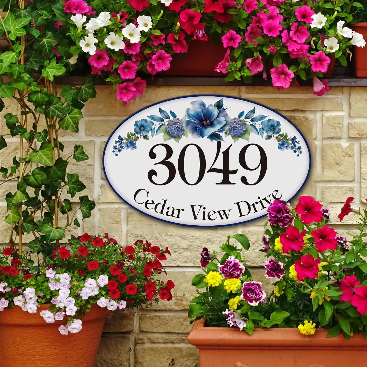 House Address Sign, Custom Fancy House Address Plaques, Metal House Numbers, Watercolor Hand-Painted Style, 12 X 7.5 Inch, Aluminum, Outdoor Fence Wall Art Decor (S02)
