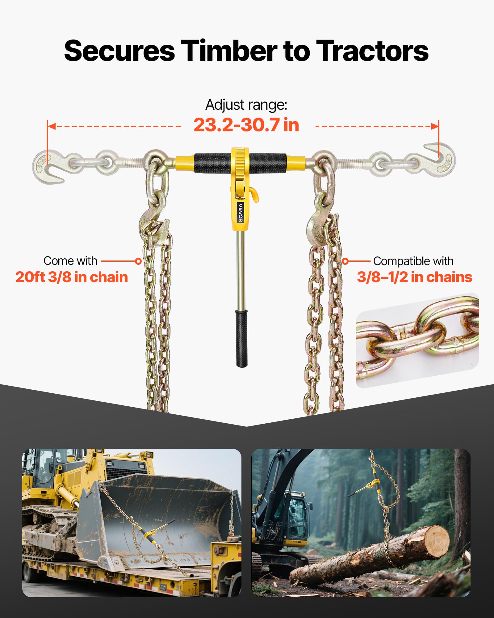 VEVOR Tensor de Trinquete con Cadenas G80 de 10 mm x 6,1 m, Kit de Cadenas y Tensores 4 Piezas Tensores de Cadena de Amarre Carga de Trabajo de 4173 kg para Transporte, Remolque, Rala y Elevación