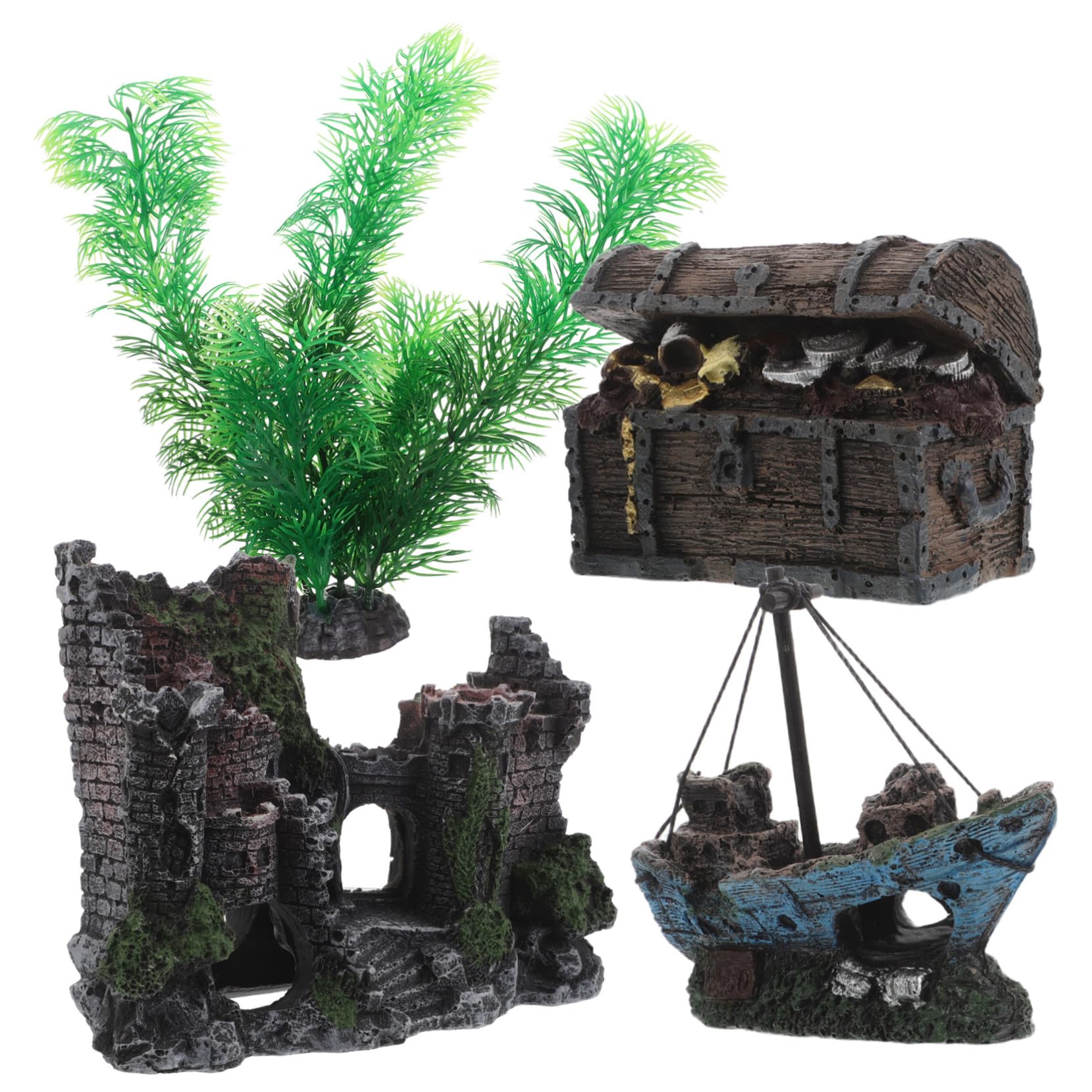 Toyvian 4 Pièces Set de Décorations Aquarium Château Médiéval et Épave avec Plantes Artificielles Réalistes Cachette pour Poissons et Crevettes Accessoires pour Aquarium