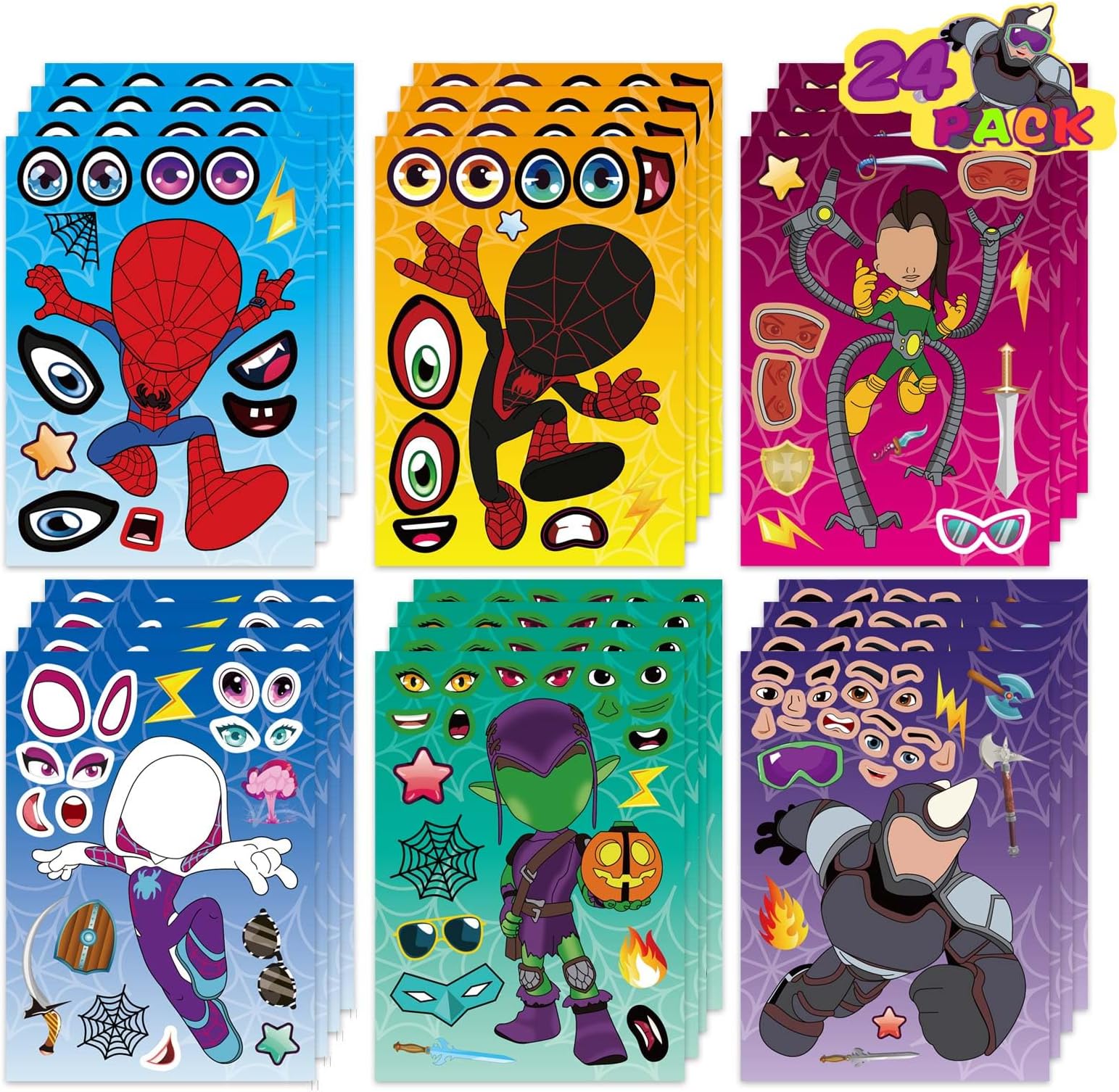 24 PCS Spide Hero DIY Make a Face Stickers Gift Set for Kids, Make Your Own Stickers for Birthday Party Supplies, Spide Party Favors Goodie Bag Fillers