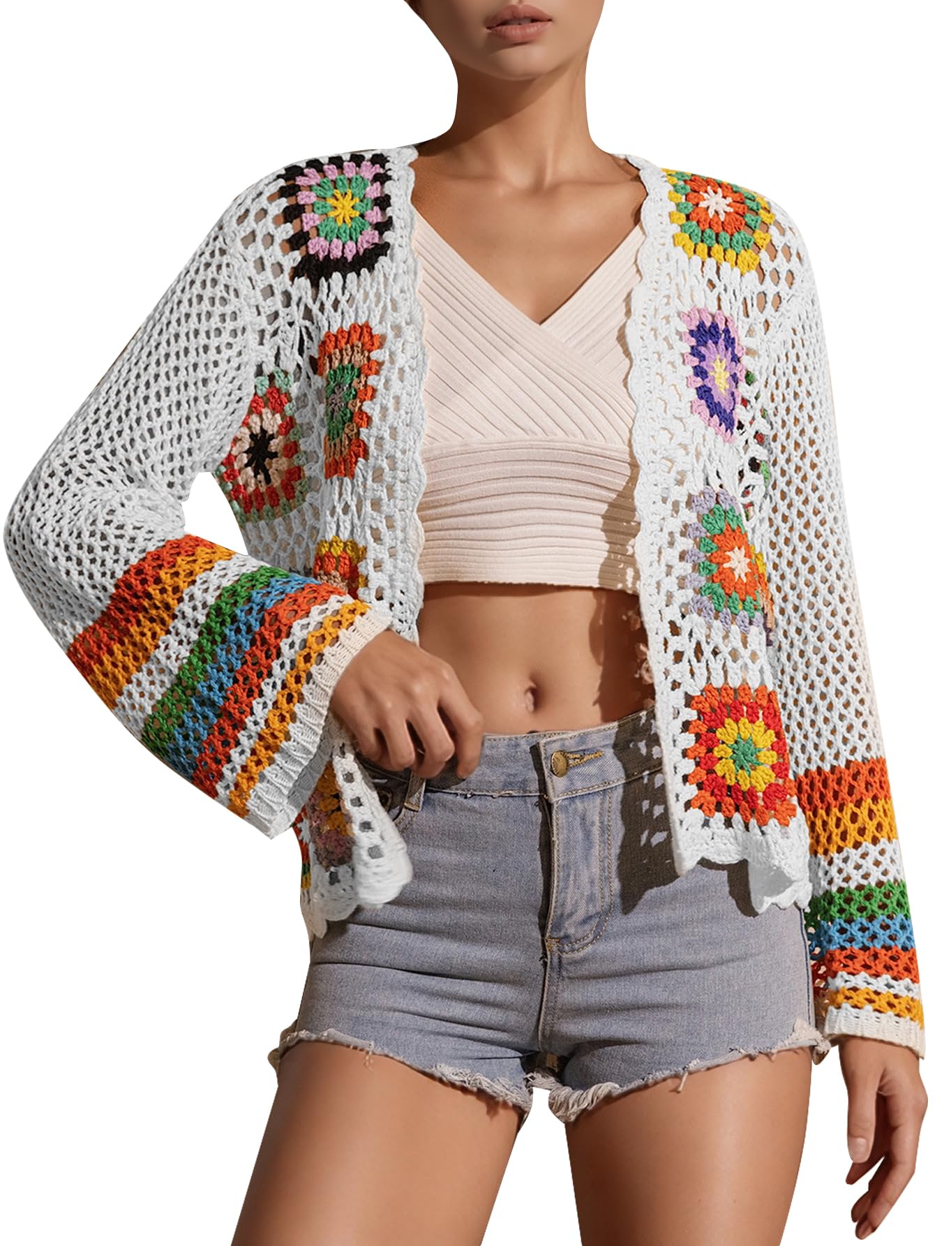 YKR Womens Colorful Floral Crochet Cardigans Bohemian Open Front Color Block Loose Cardigan Sweaters