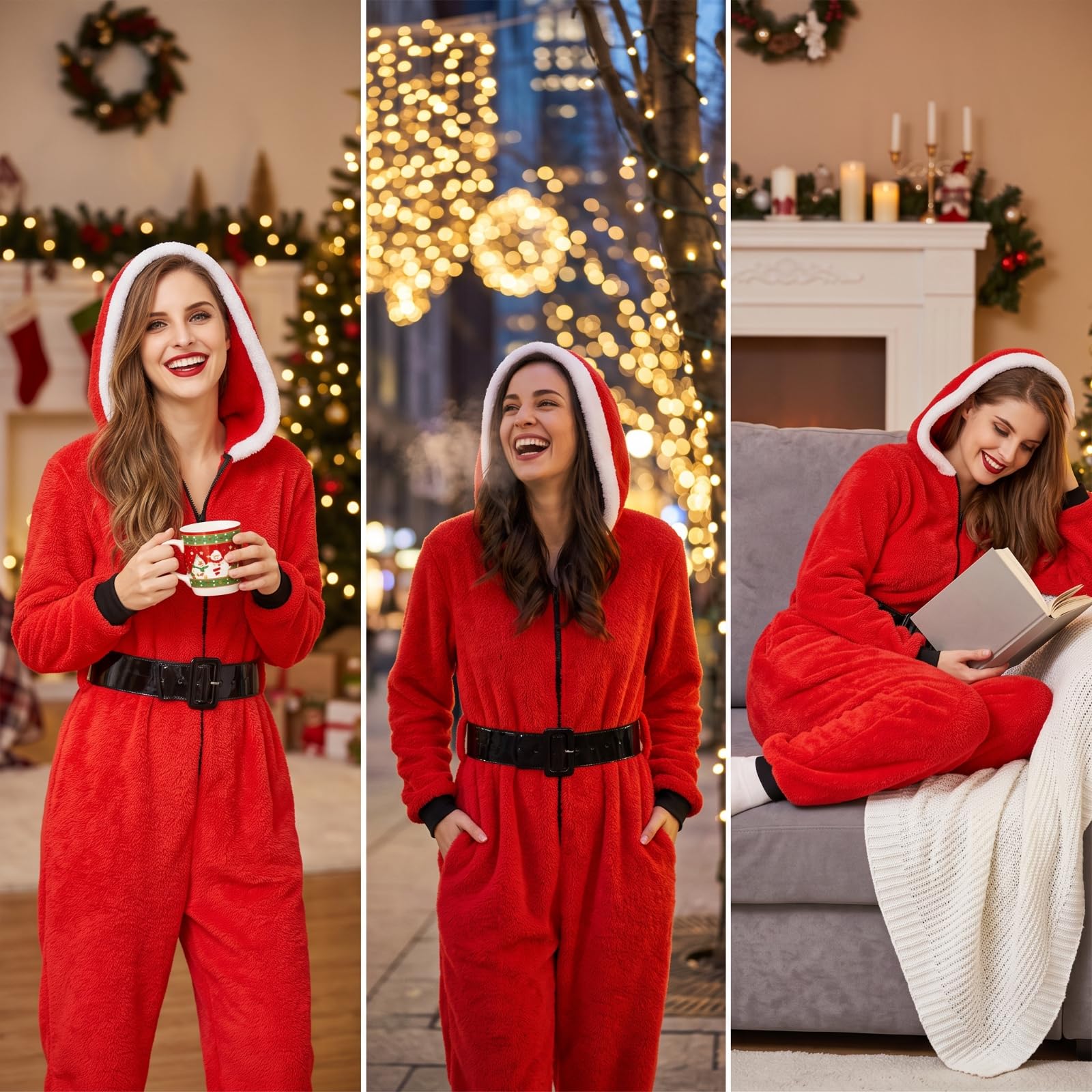 TISHITA Combinaison de Fête Femme Combinaison Pyjama Tenue One Piece Survêtement avec Capuche Chaude Finitions Fermeture Devant Ceinture au Taille en