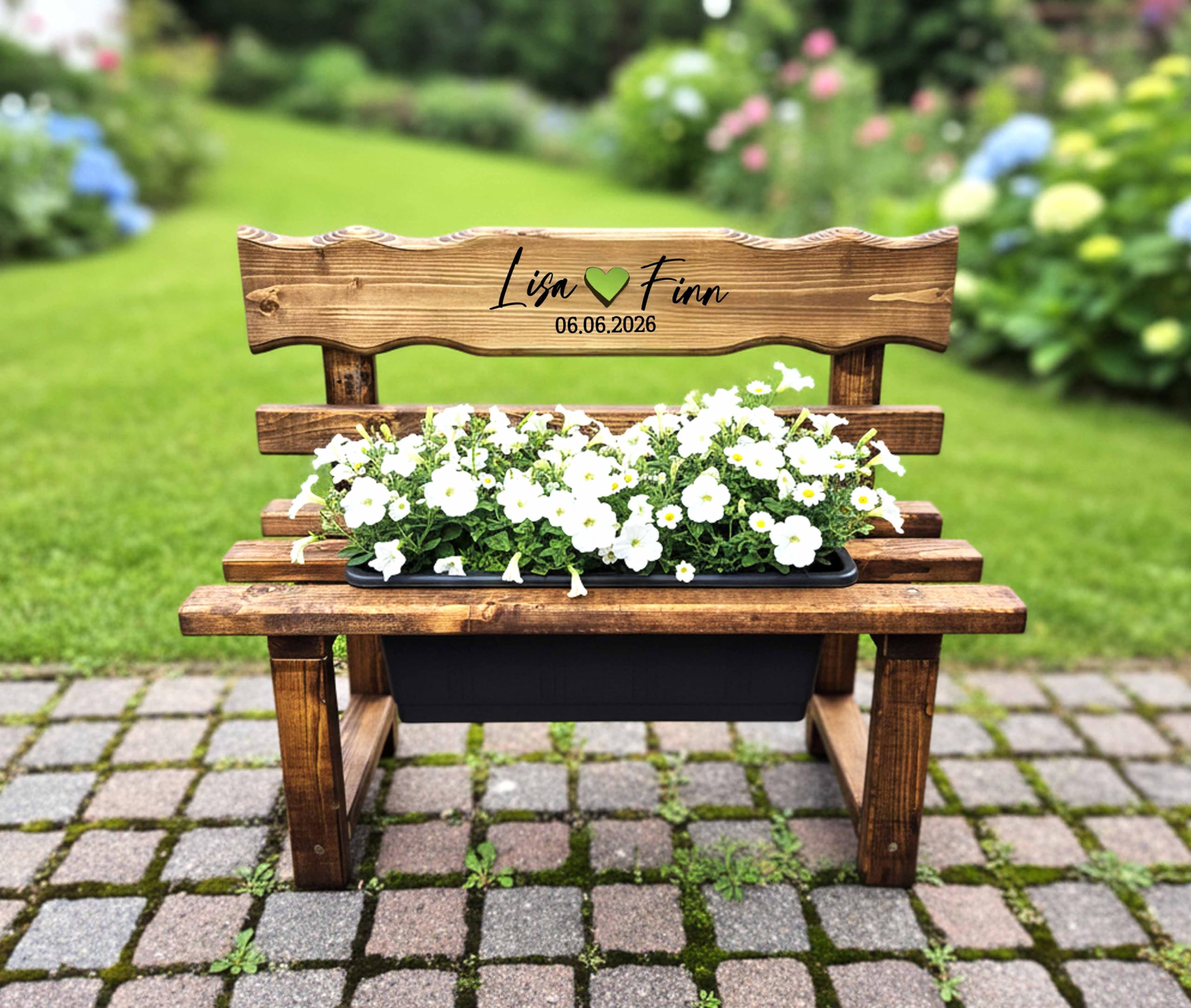 Generisch Personalisiertes Hochzeitsgeschenk Hochzeitsbank mit Blumenkasten, Hochzeit Geschenk Blumenbank, Blumenbänkle aus Holz, Gravierte Gartenbank für Terrasse, Gartendeko, Eingangsbereich Deko