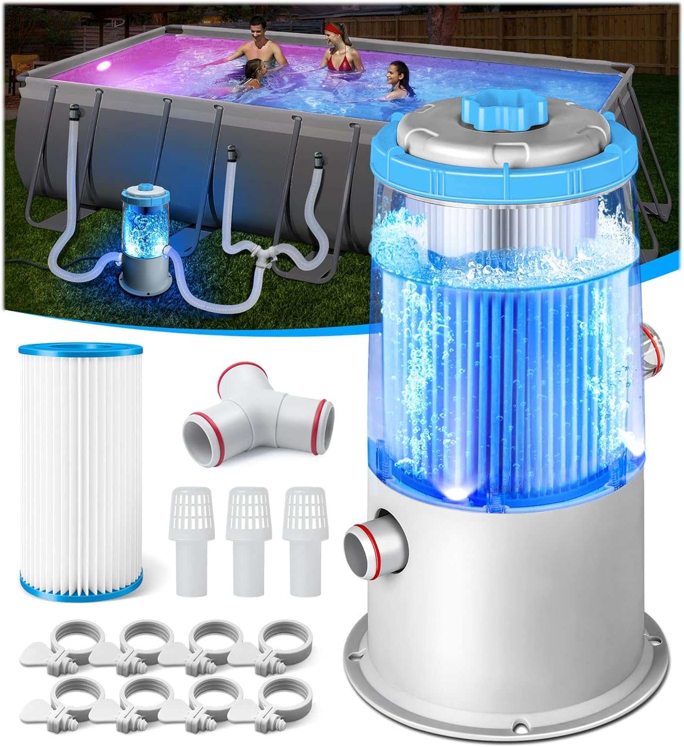 KimPump 1000 GPH Light-Up Pool Filter Pump for Above Ground Pool|Built-in Blue LED Light,Transparent Housing for Real-Time Water Circulation &Filtration Monitor, Pool Cartridge Filter Pump System Aqua
