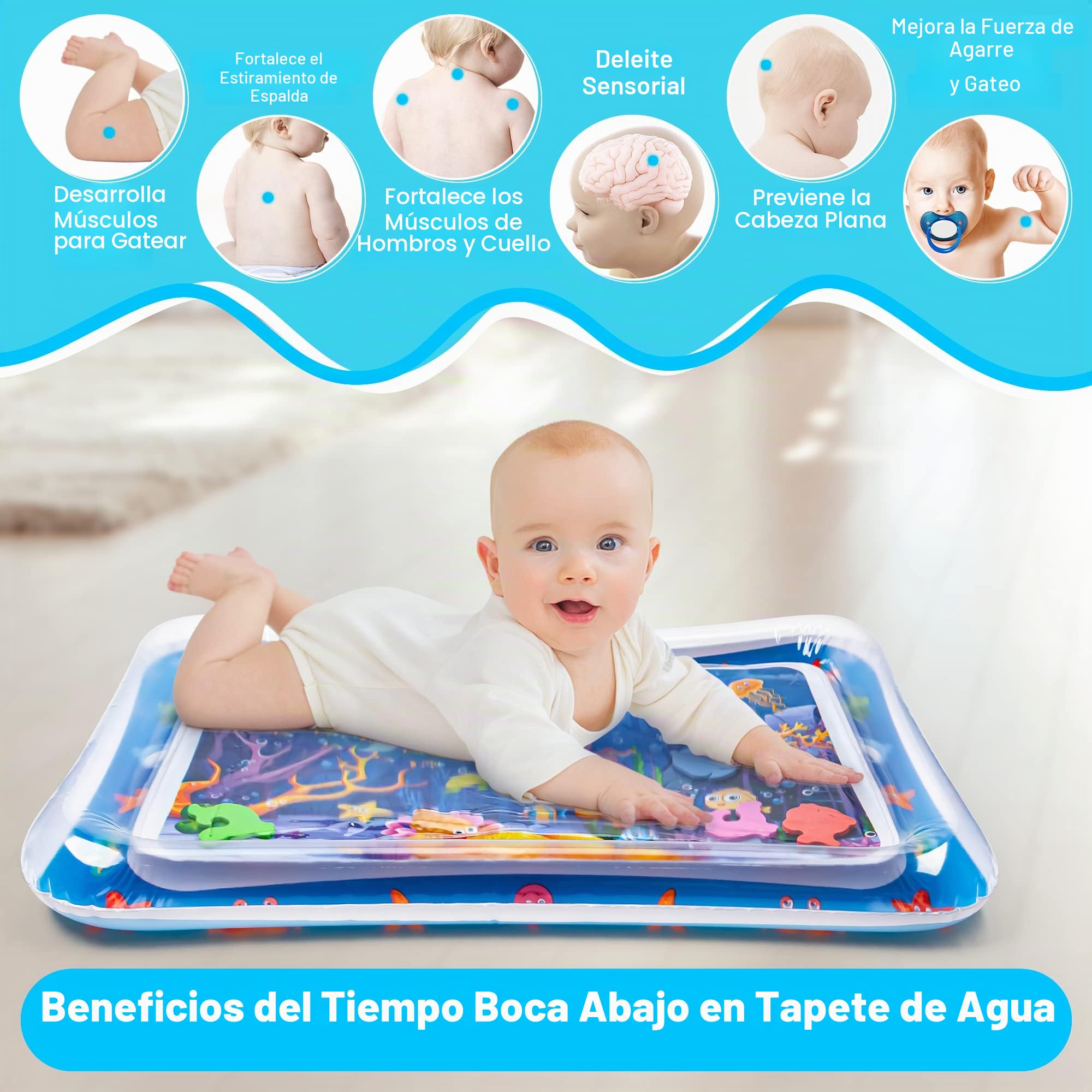 Yeeeasy Alfombrilla de agua para el tiempo de barriga, inflable para bebés, bebés y niños pequeños de 3 a 12 meses, promueve el desarrollo, juguetes para regalos para bebés