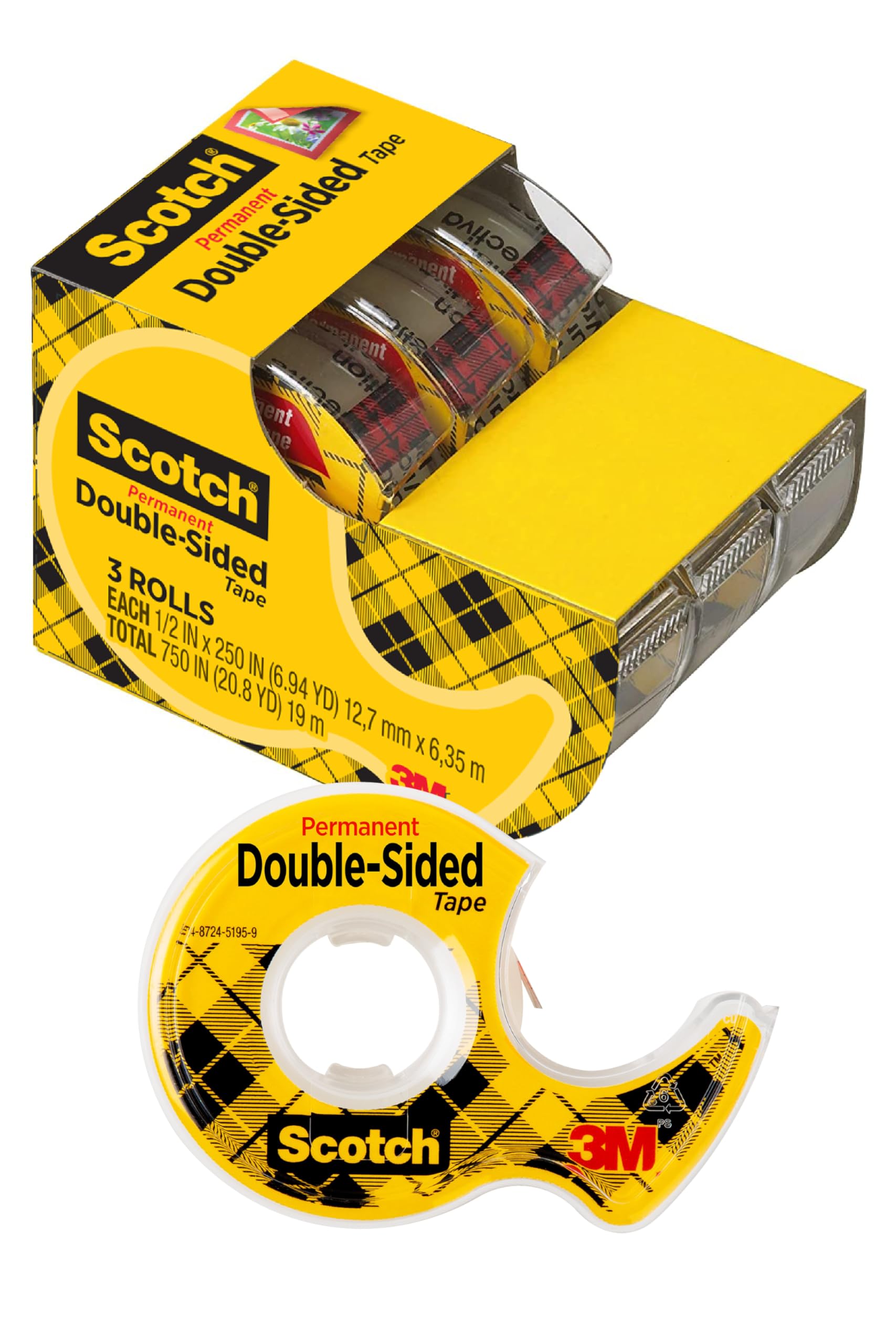 Scotch Double Sided Tape with Tape Dispenser, Office and School Supplies for Arts and Crafts, Alternative to Scrapbooking Glue, 0.5 in. x 250 in., 3 Rolls with Dispensers