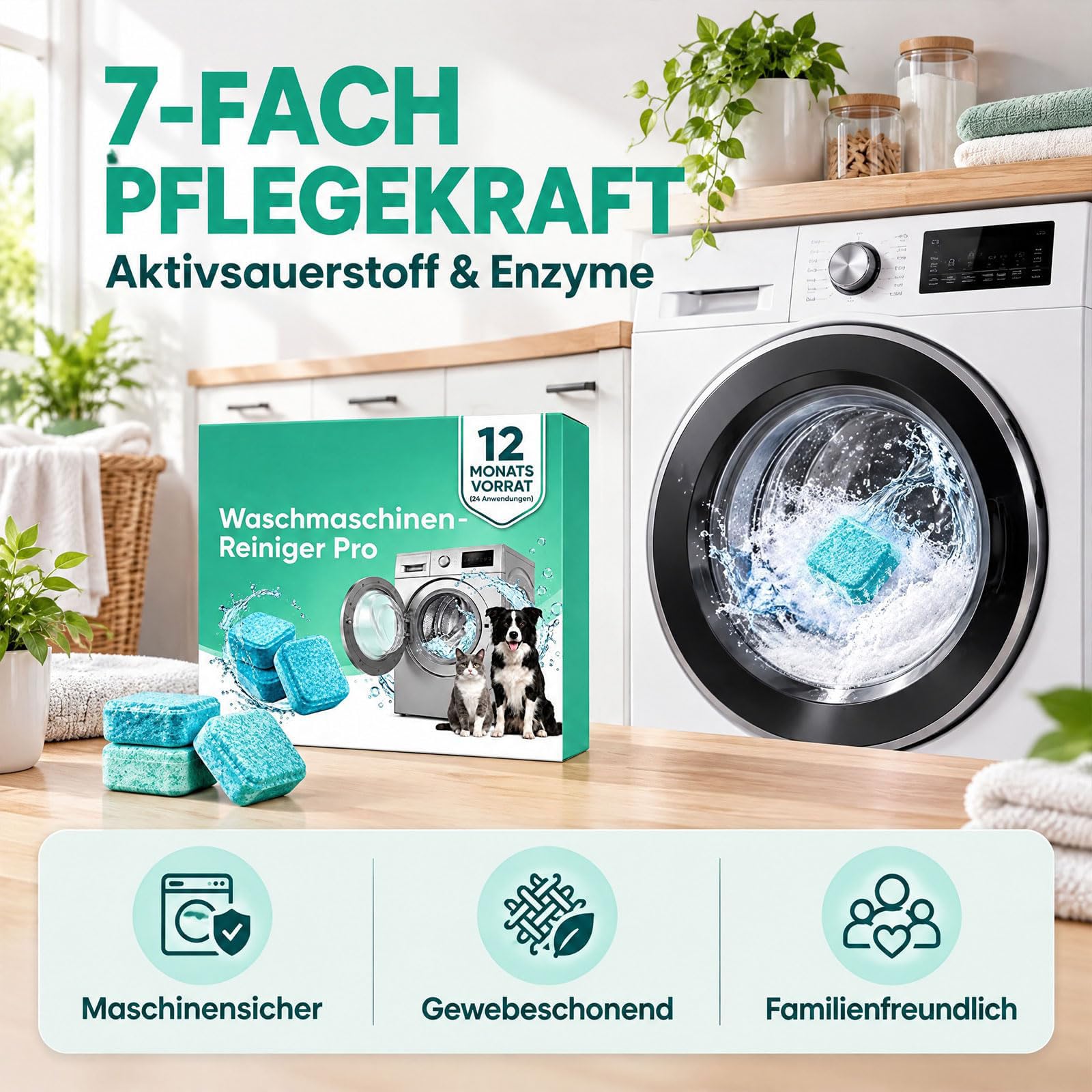 Waschmaschinenreiniger Tabs, 24 Stück gegen Geruch & Tierhaare (2PC)