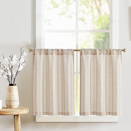 Miniatura 20 de jinchan Cortina de Cocina Bohemia de Lino, Cortina de Nivel Bohemia, Estilo Café de 24 Pulgadas, Cortina Geométrica a Rayas para Ventana Pequeña