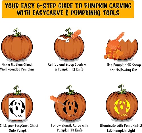 Miniatura 5 de Kit de fiesta de tallado de calabaza de Halloween, 8 cuchillos, cucharas, hojas de plantillas de bricolaje, cubos intestinales y cubierta de mesa,