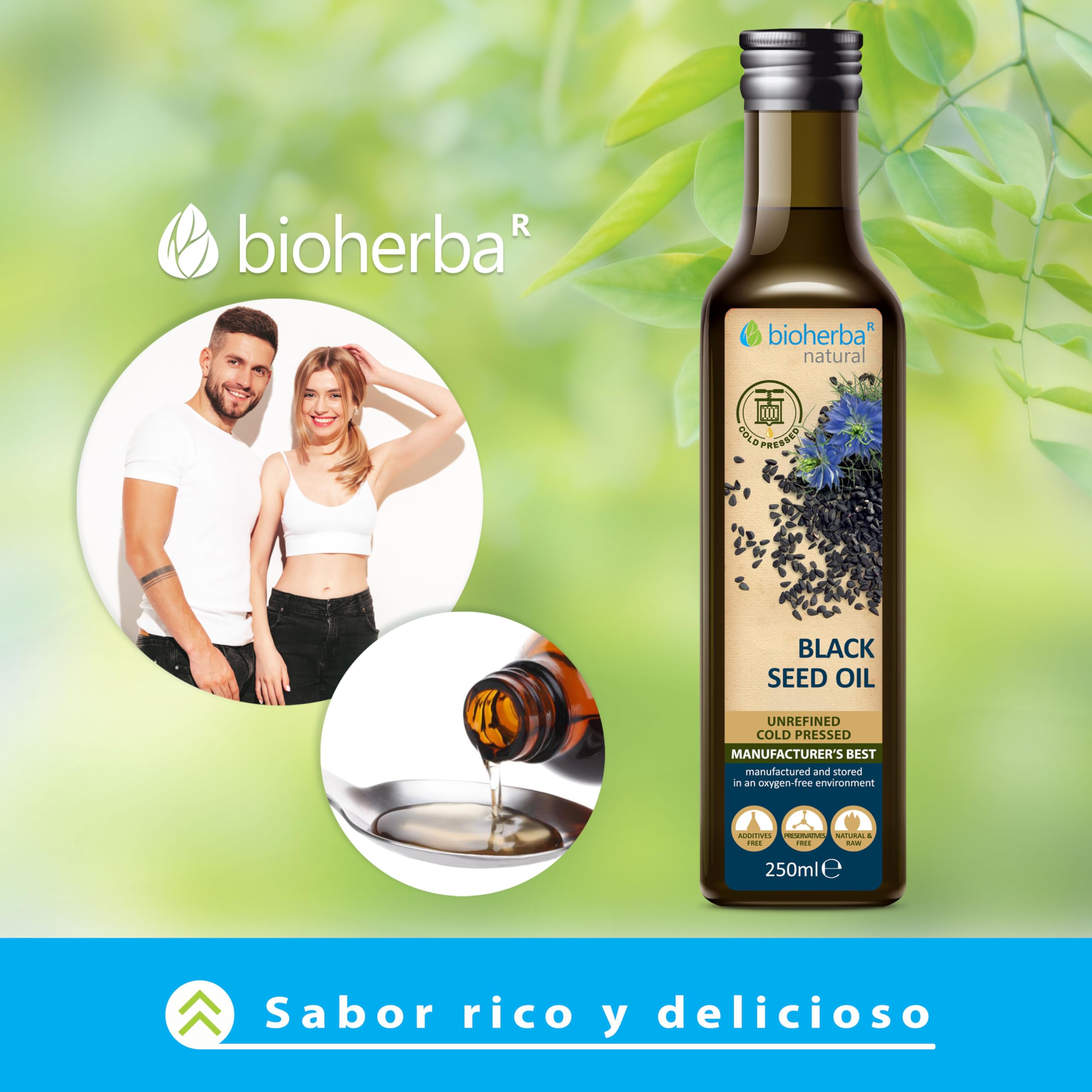 4 Aceite de semillas de Nigella Sativa 250 ml cold pressed by BIOHERBA – aceite natural para piel, cabello, masajes y cocina – prensado en frío, puro vidrio (1000)