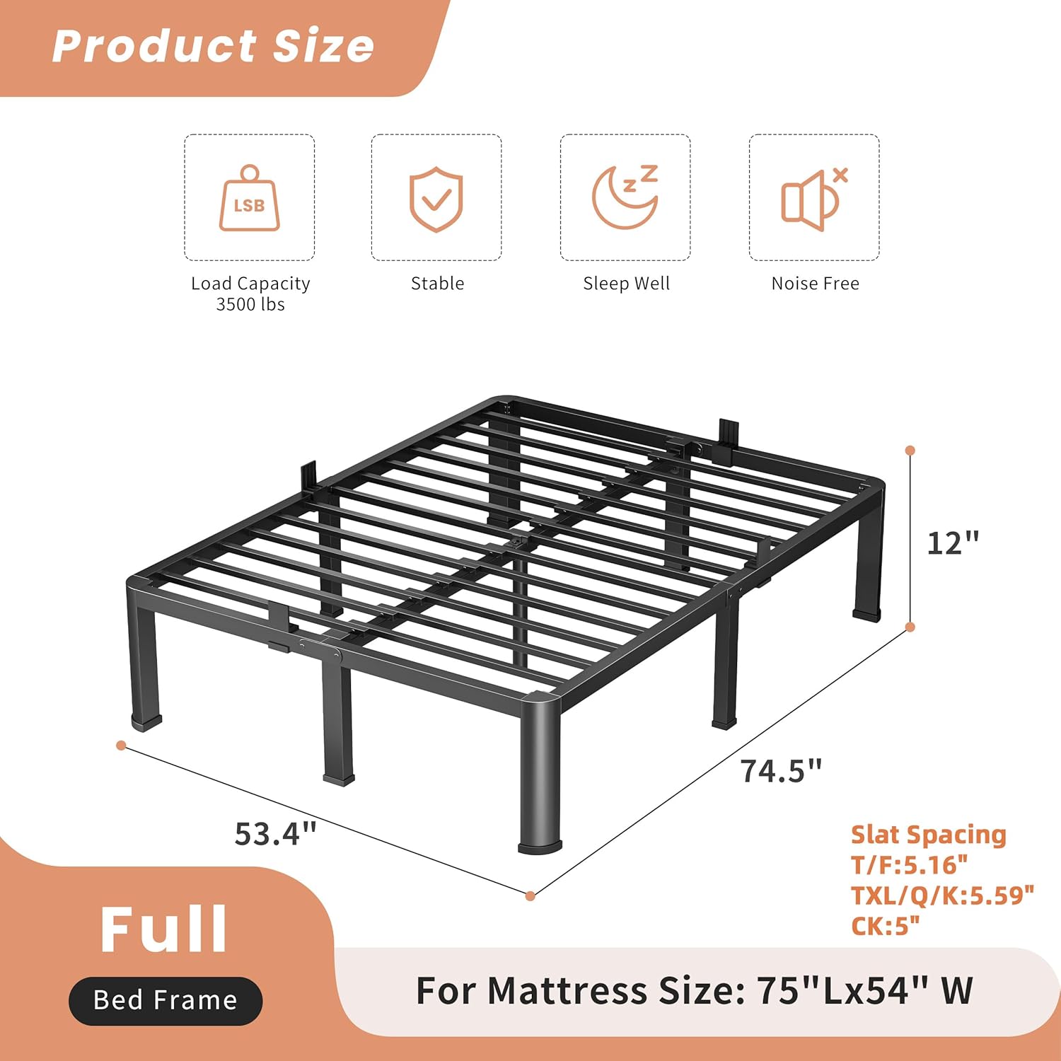 12 Inch Full Heavy Duty 3500 lbs Bed Frame with Round-Corner Legs & Anti-Squeak Design – Quick Assembly Metal Platform, No Box Spring Needed - Image 3