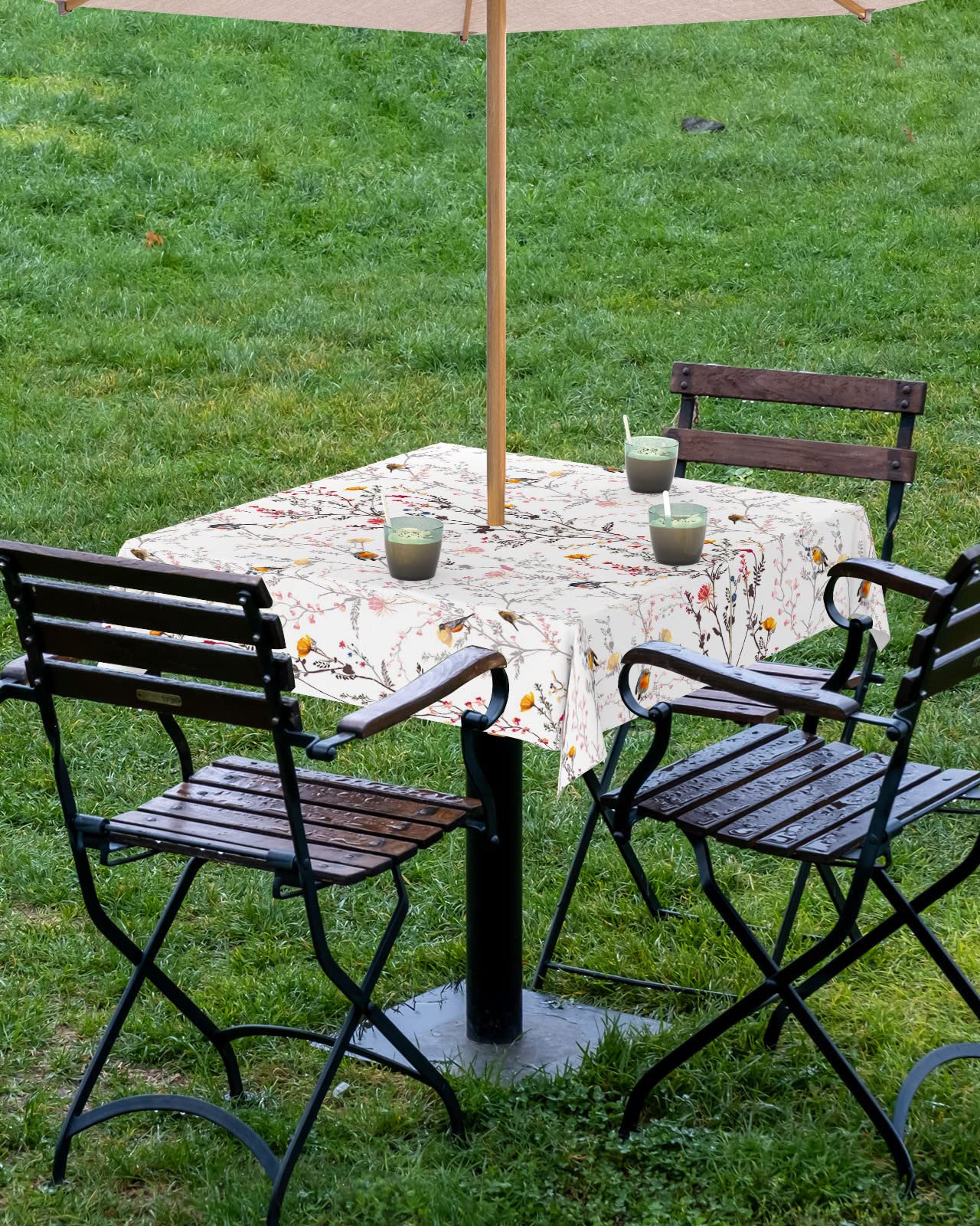 Square Tablecloth with Umbrella Hole, Spring Flowers Bird Summer White Outdoor Zippered Table Cloth for Square Tables Waterproof Fabric Tabletop Collection for Patio, Garden, Picnic 54 x 54 Inch