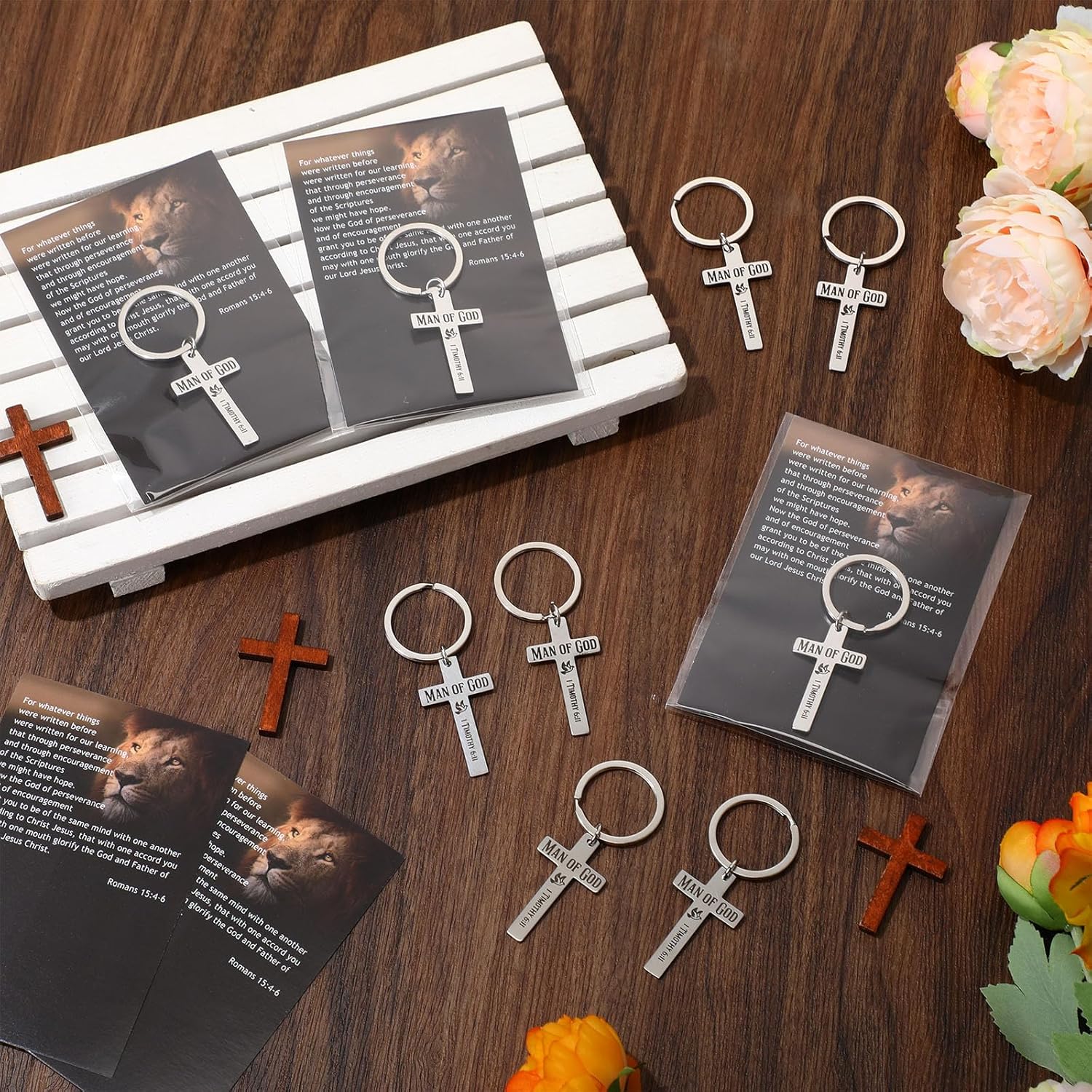 Kenning Man of God Gifts Bulk God Cross Keychains with Cards Christian Religious Gifts for Men Fathers Dad Church