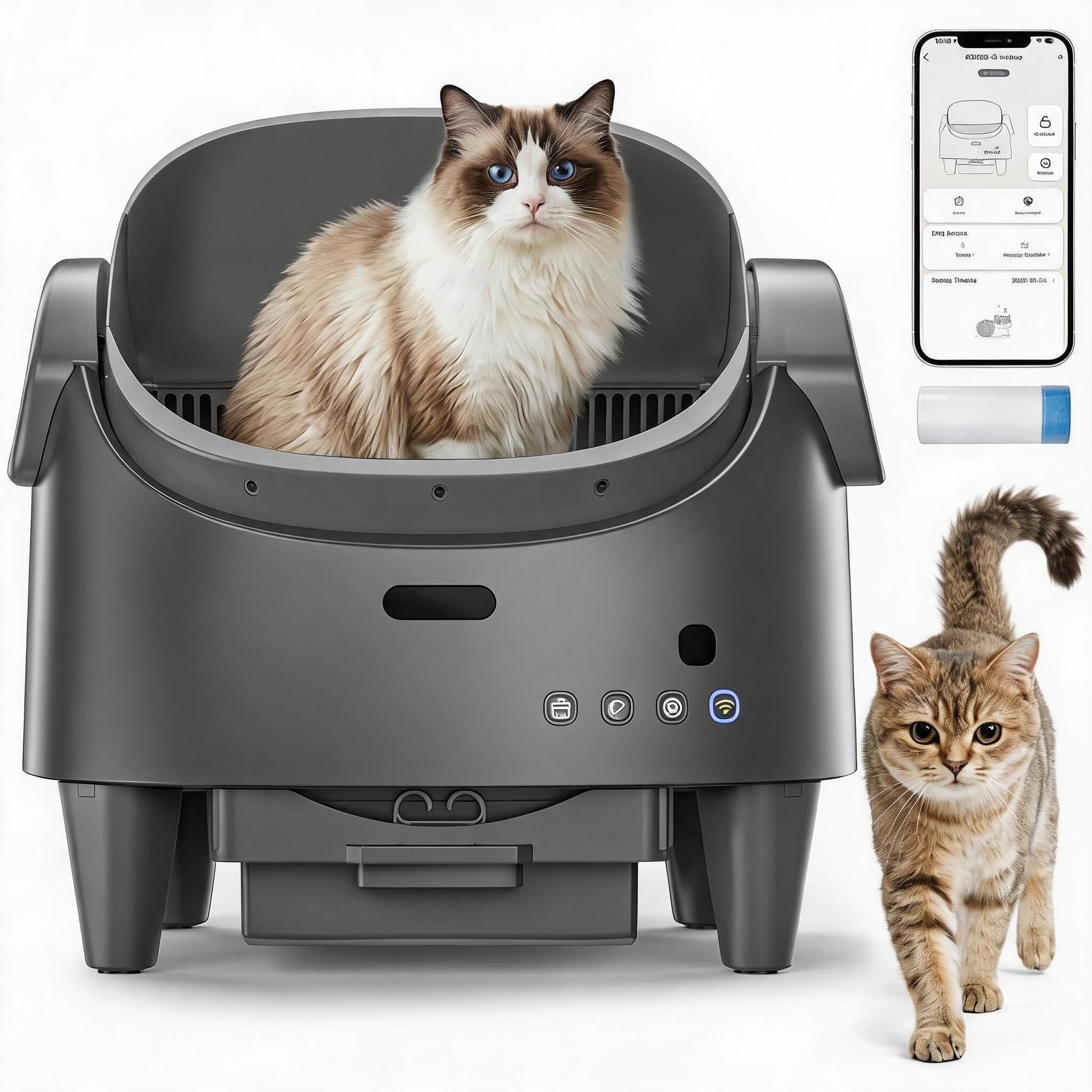 Automatic Self-Cleaning Cat Litter Box – Open Top, Smart App Control, Real-Time Health & Weight Tracking, Infrared Safety Detectors, Odor Isolation, Large Waste Bin, For Multiple or Large Cats