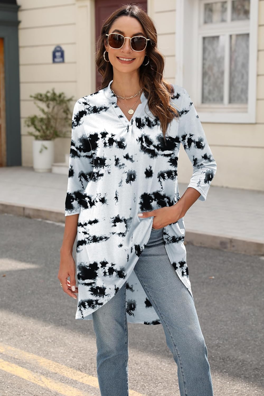 Naggoo Women's 3/4 Sleeve Notch V Neck High Low Loose Fit Long Tunic Tops Shirts Blouses M-3XL - Image 2