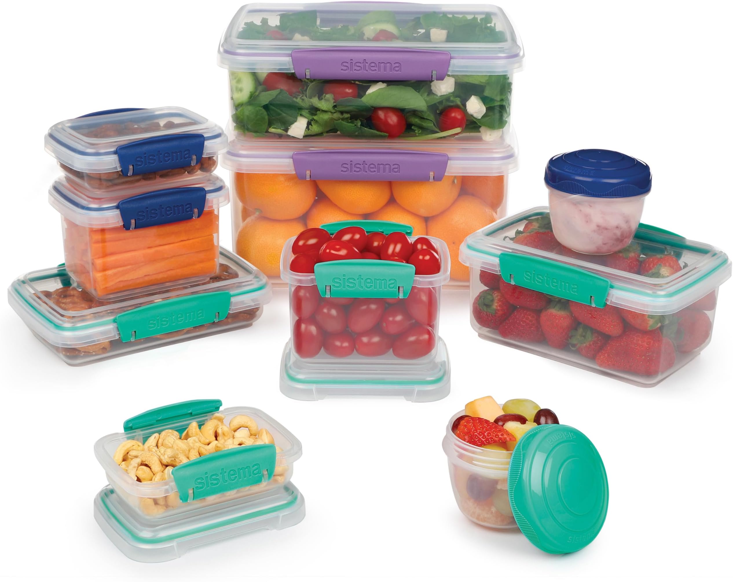 Sistema 20-Piece Food Storage Containers with Lids and Salad Dressing and Condiment Containers, Dishwasher Safe, Color May Vary
