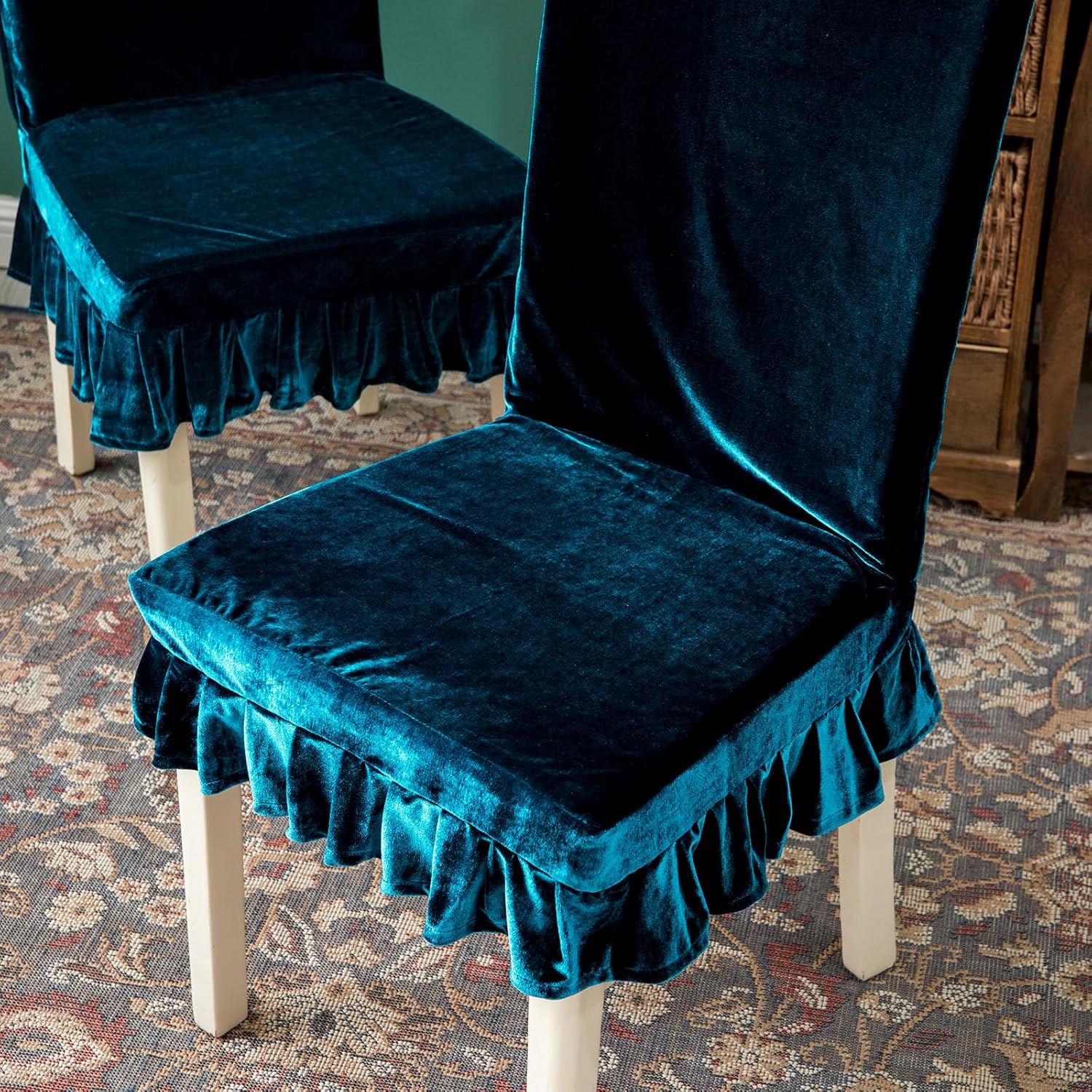 Velvet Chair Covers Set of 2 Retro Ruffle Flounces Trim Soft Decorative Luxurious Solid Malachite Green Farmhouse Vintage Washable Soft Stretch Dining Seat Slipcover Removable Parsons Chair Protector
