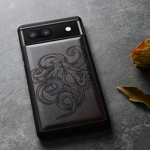 Miniatura 4 de Carveit Funda de madera para Pixel 6a 2022 madera natural y TPU suave negro a prueba de golpes, funda de madera única compatible con Google Pixel 6a