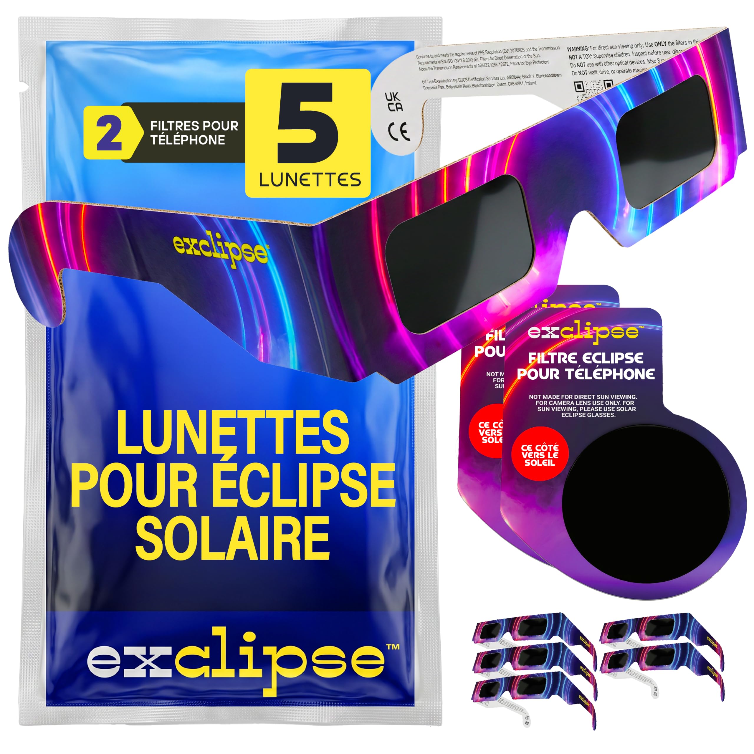 Lunettes Éclipse Solaire 5 Pack avec 2 Filtres Smartphone – Certifiées ISO 12312-2 et CE & UKCA Kit Complet pour Observer et Photographier l’Éclipse AAS 2026