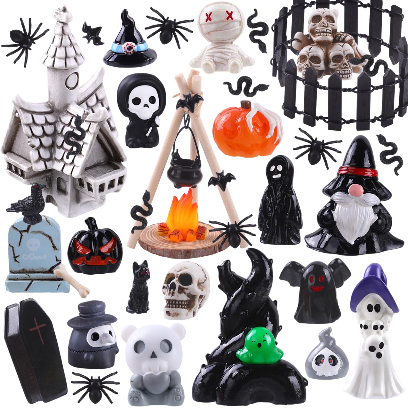 DIYDEC 54pcs Halloween Mini Resin Figures, Tiny Figurines to Hide Toys Little Small Ghost Skull Miniatures Bulk for Halloween Party Favors Bag Fillers Garden Dollhouse Decor 54PCS Halloween Figures