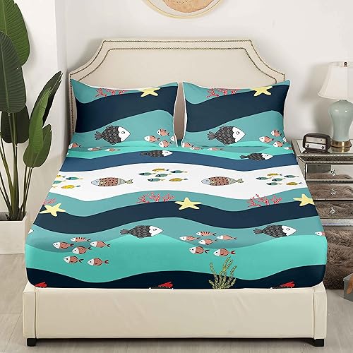 Miniatura 3 de Feelyou Juego de sábanas de peces tropicales para niños y niñas, juego de ropa de cama de vida marina con 1 funda de almohada, tamaño individual