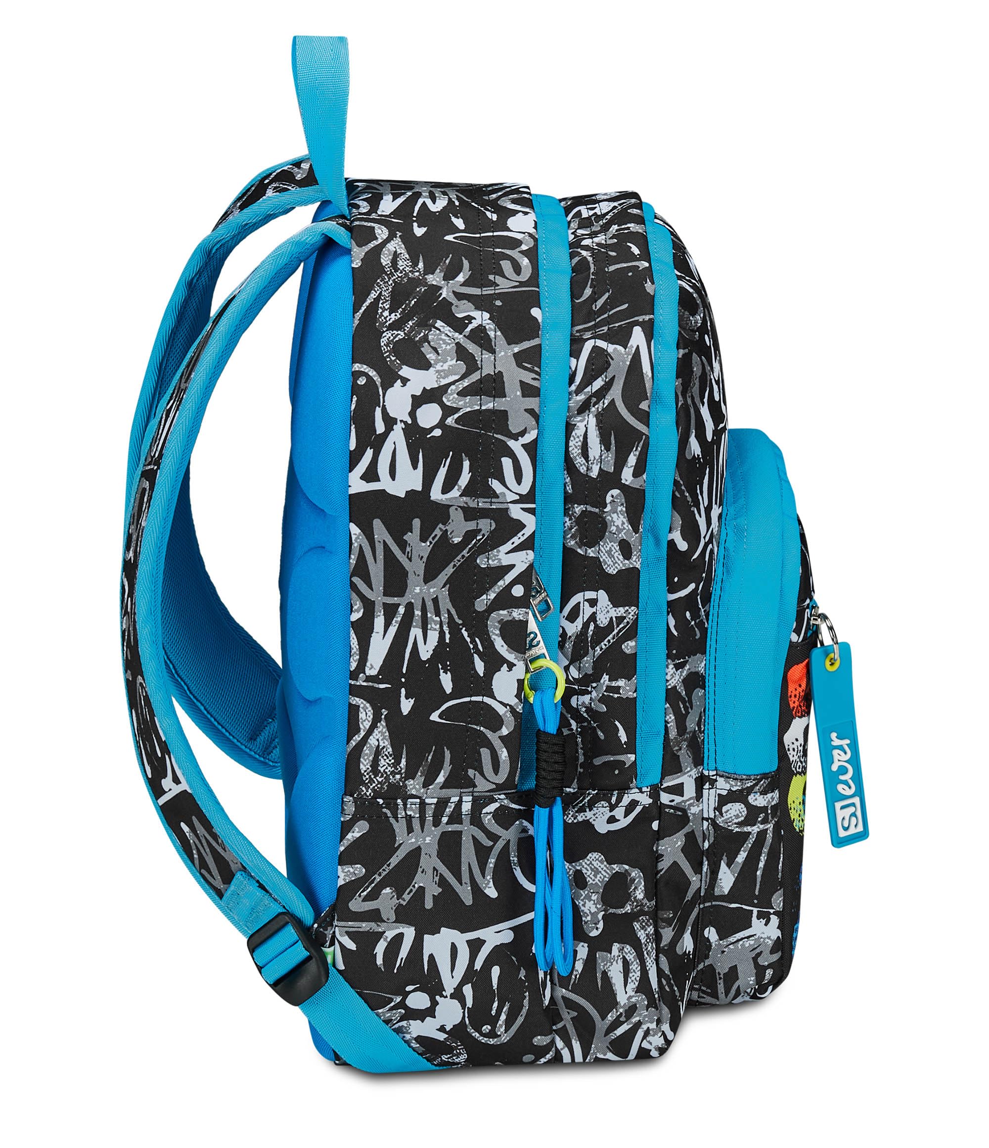 SJ Ever Zaino Scuola Doppio Scomparto, Nero e Azzurro, Blackwall Boy, Con Tasca Porta Borraccia, Zaino Scuola Elementare, Zaino Bambino