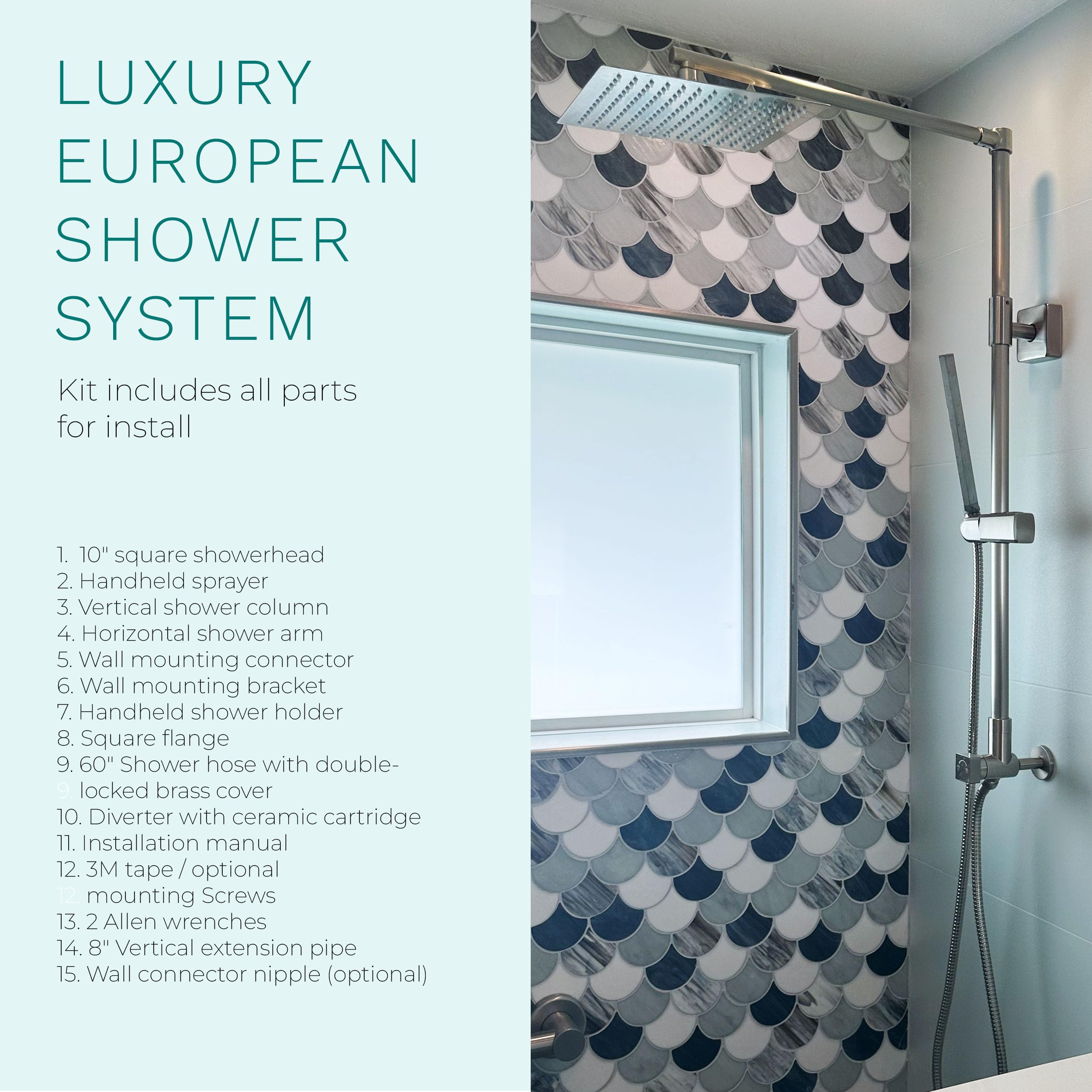 Fennocasa Polaris Lux Rain Shower System, includes 10” Square Rainfall Shower Head and Handheld Shower Combo, Height Adjustable Spray Holder, Retrofit, 60” Hose (2.5 GPM Brushed Nickel)