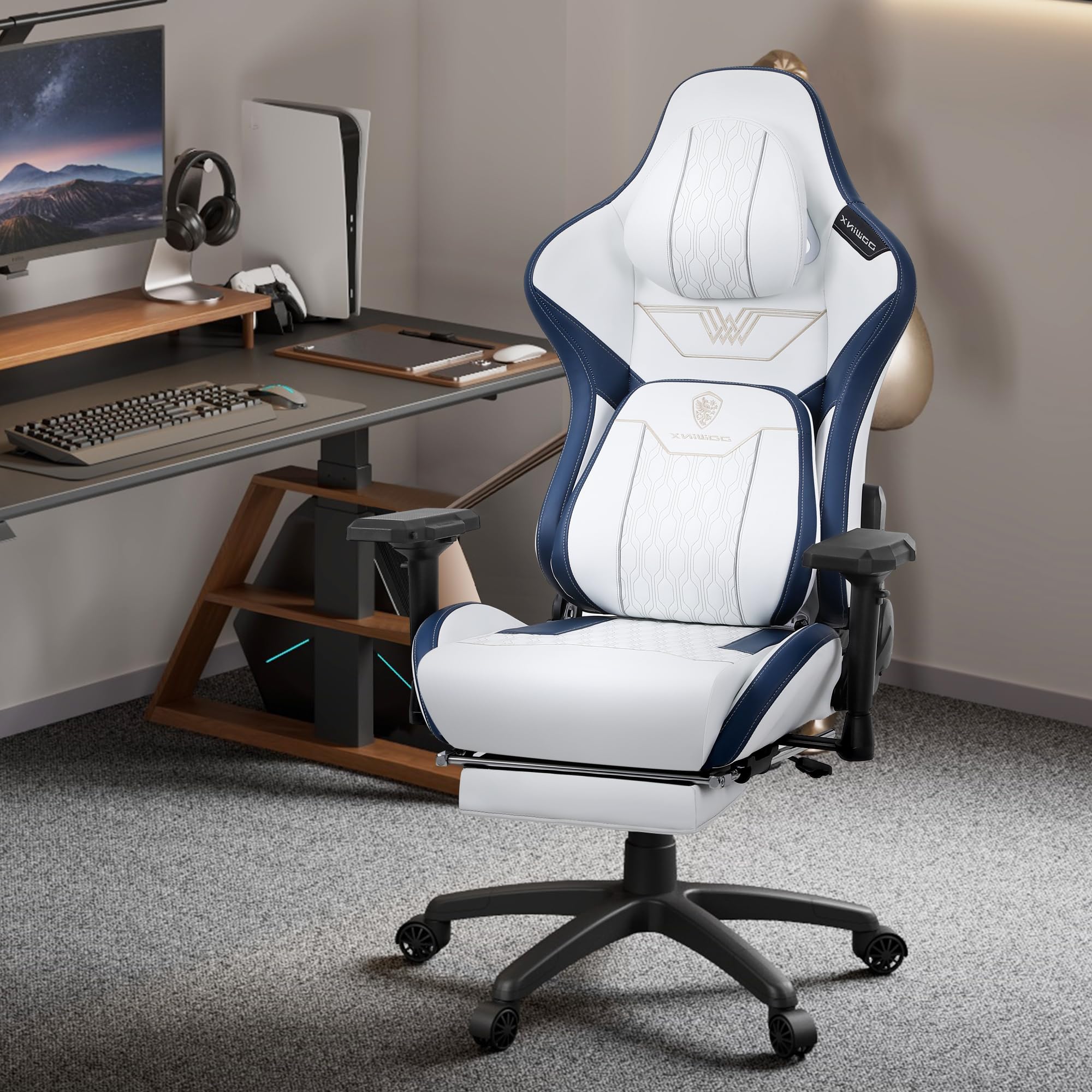 Dowinx Big and Tall Gaming Chair with Footrest, High Back Ergonomic Office Chair with Comfortable Headrest and Lumbar Support, White