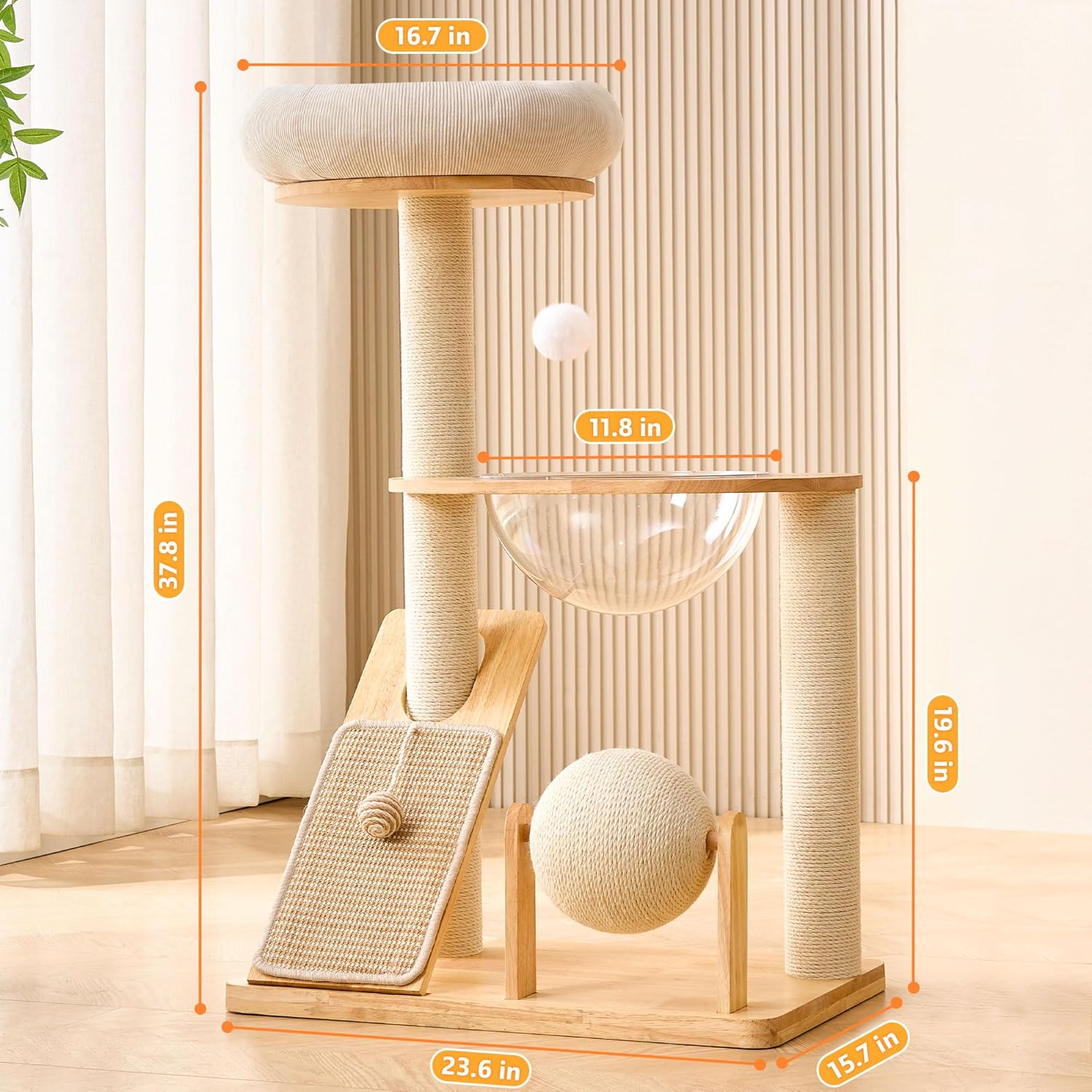 HITTITE Solid Wood Cat Tree Tower with Scratching Post, 37.8 Inches Tall Cat Towers with Scratching Board and Scratcher Ball, Modern Cat Tower With Space Capsule and Removable Top Bed for Indoor Cats.