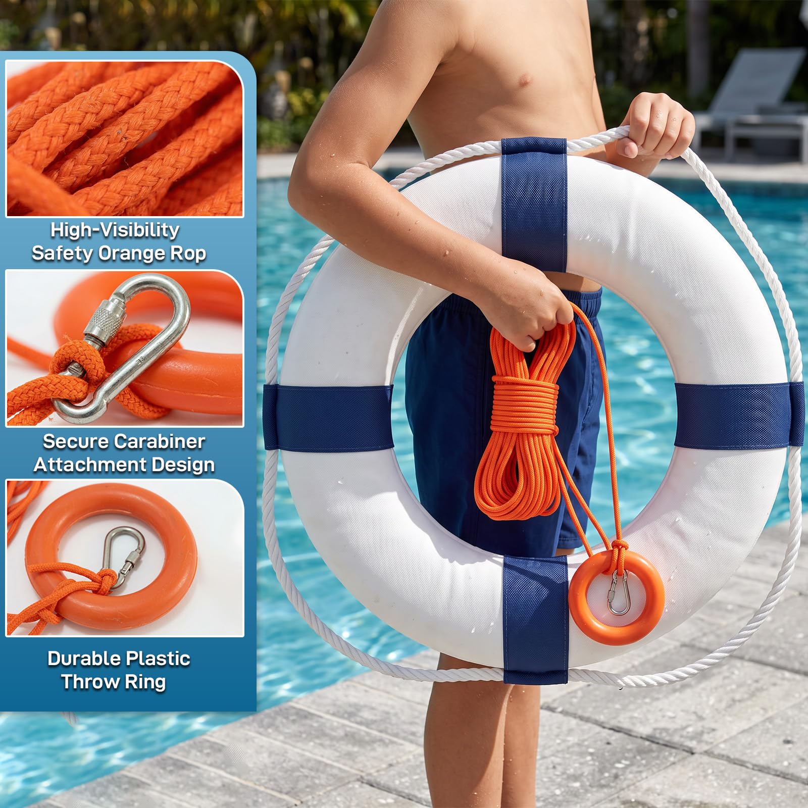 Rettungsring mit schwimmendem Rettungsseil, 58,4 - 71,1 cm, mit 30 m schwimmendem Rettungsseil, Wurfgerät, Rettungsring-Set, Pool-Sicherheits-Schwimmer, für Boje und Schwimmdekoration
